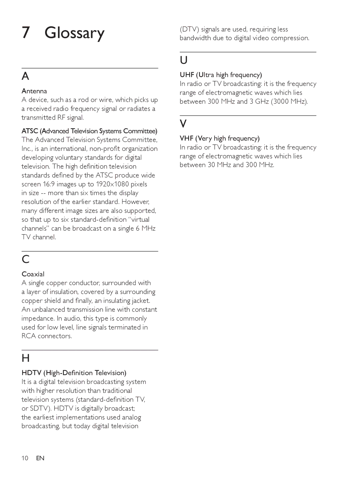 Philips SDV5122T/27 Glossary, Coaxial, Hdtv High-Definition Television, UHF Ultra high frequency, VHF Very high frequency 