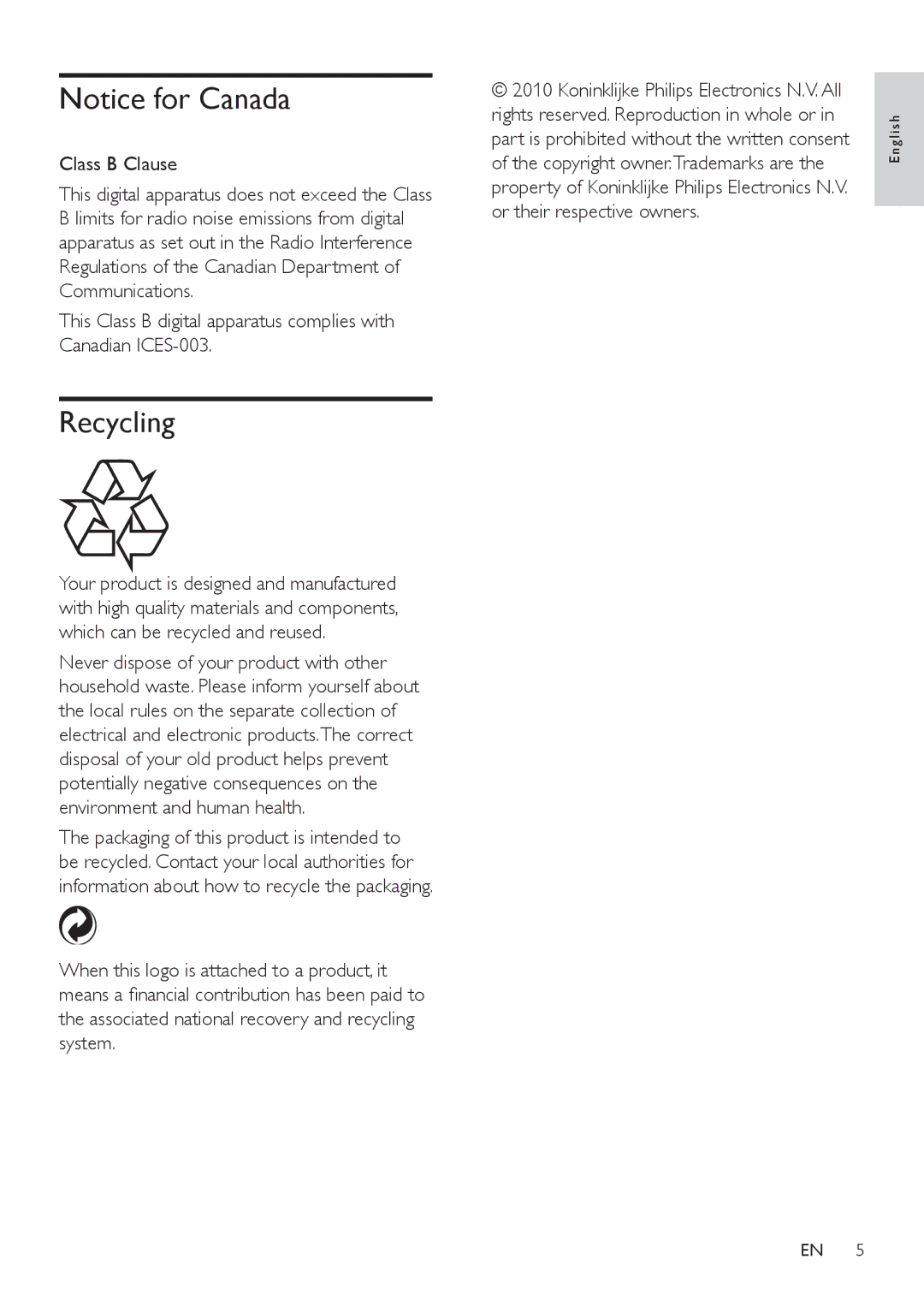 Philips SDV5122T/27 user manual Recycling, Class B Clause 