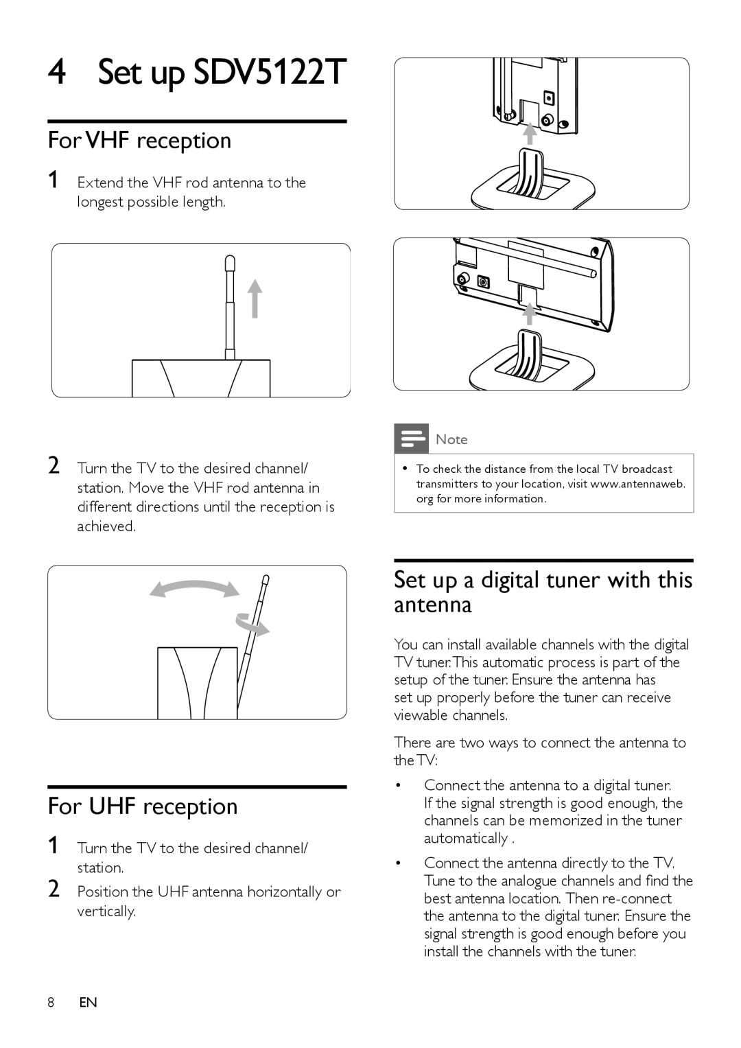 Philips SDV5122T/27 Set up SDV5122T, For VHF reception, For UHF reception, Set up a digital tuner with this antenna 