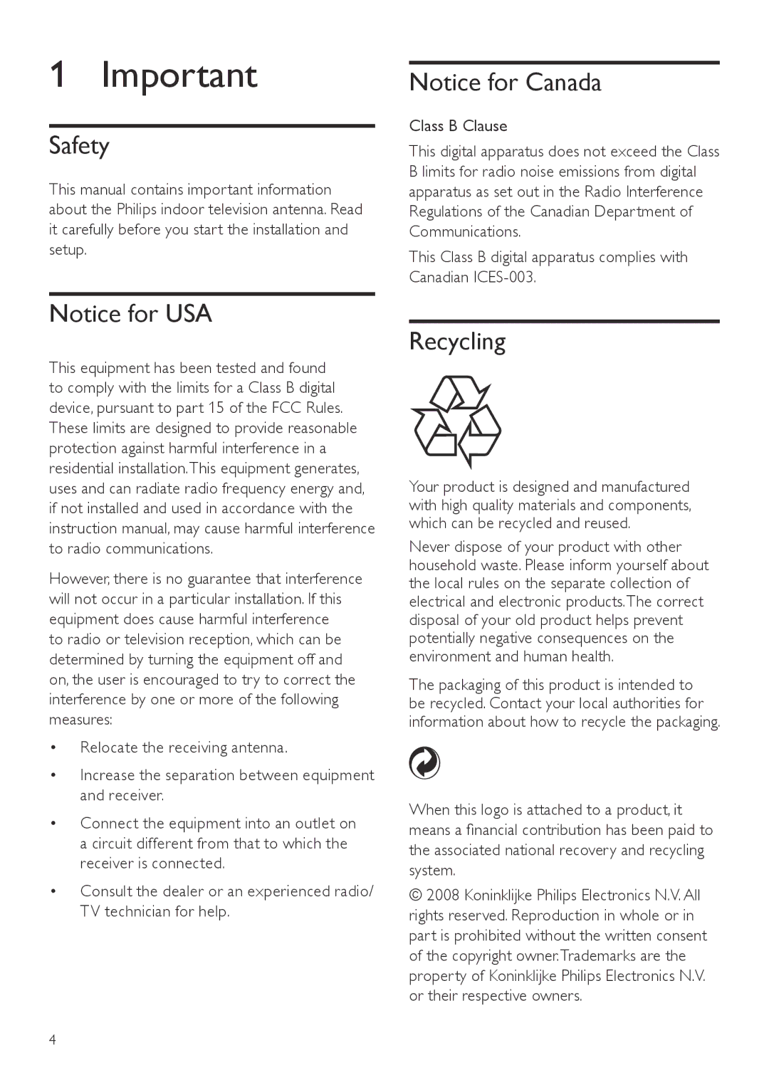 Philips SDV6122/27 user manual Safety, Recycling 