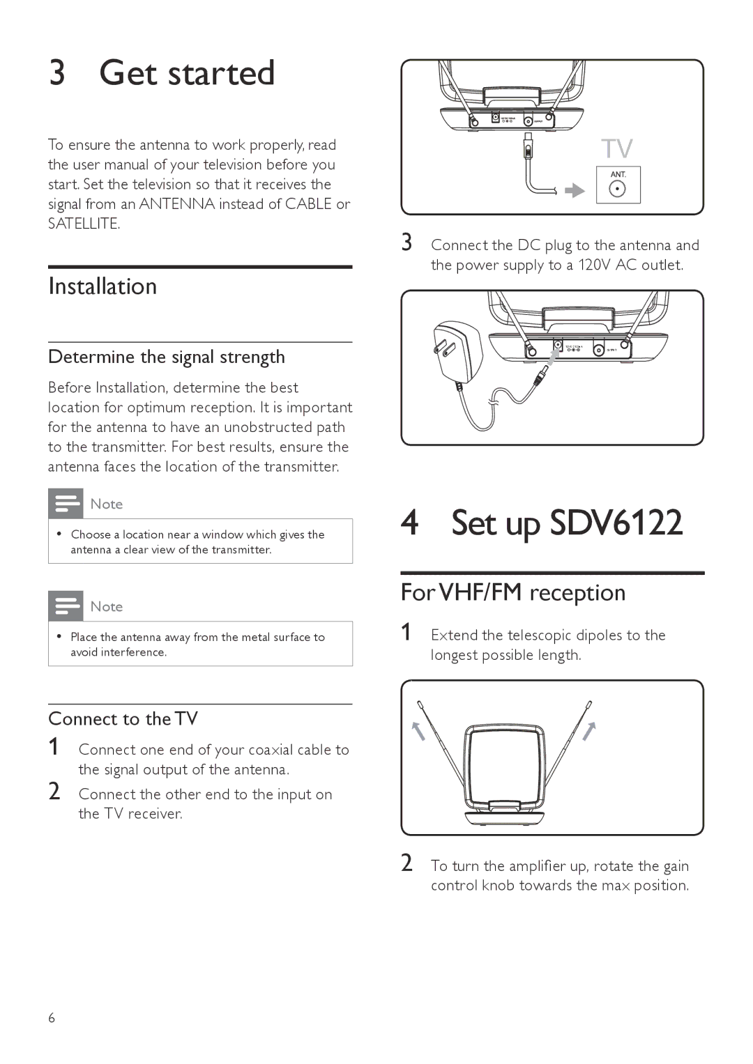 Philips SDV6122/27 user manual Get started, Set up SDV6122, Installation, For VHF/FM reception 