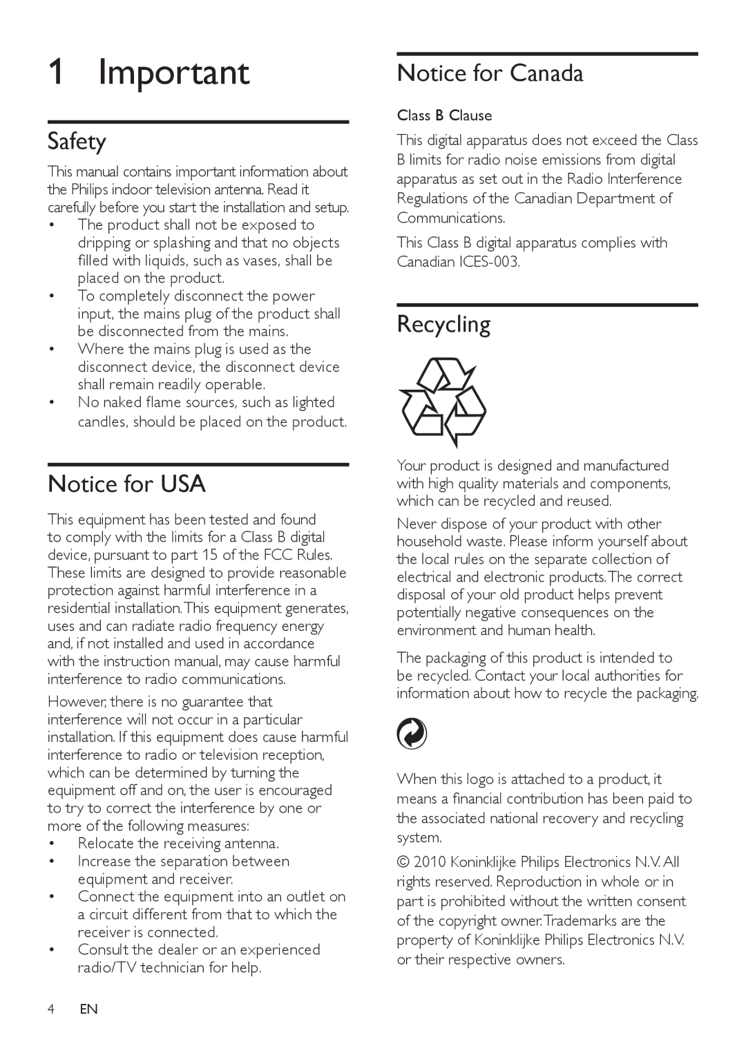 Philips SDV6122T/27 user manual Safety, Recycling, Relocate the receiving antenna, Class B Clause 