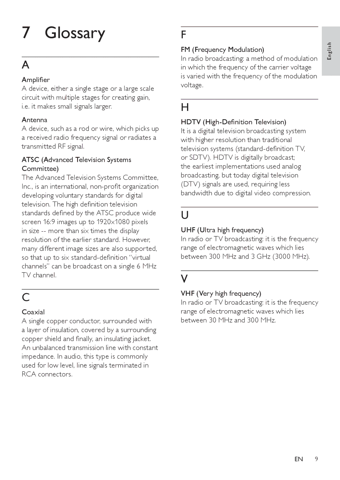 Philips SDV6122T/27 user manual Glossary, Amplifier, Coaxial, UHF Ultra high frequency, VHF Very high frequency 