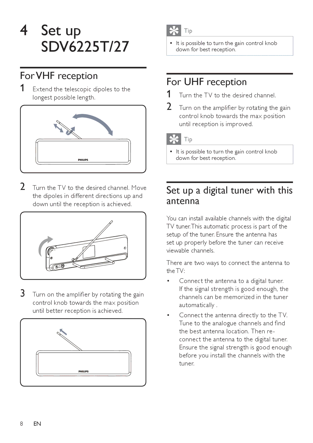 Philips SDV6225T/27 user manual For VHF reception, For UHF reception, Set up a digital tuner with this antenna 