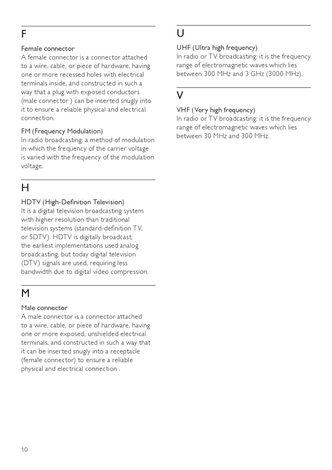 Philips SDV7120/27 user manual Female connector, Male connector, UHF Ultra high frequency, VHF Very high frequency 