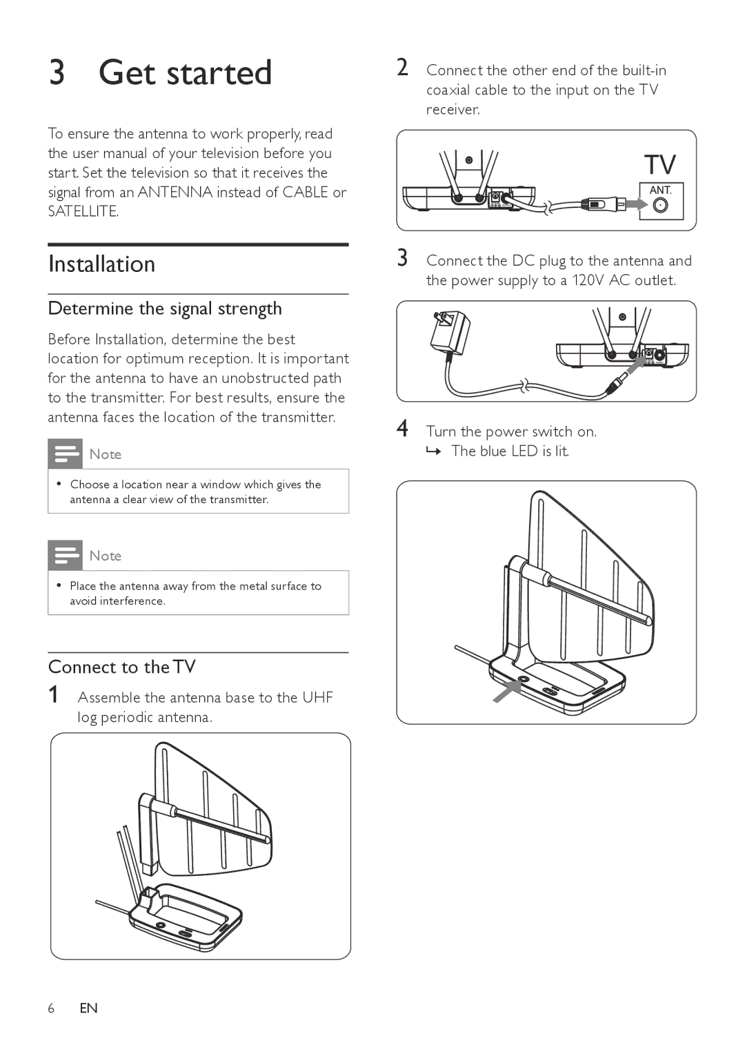 Philips SDV7120/27 user manual Get started, Installation, Turn the power switch on. »» The blue LED is lit 