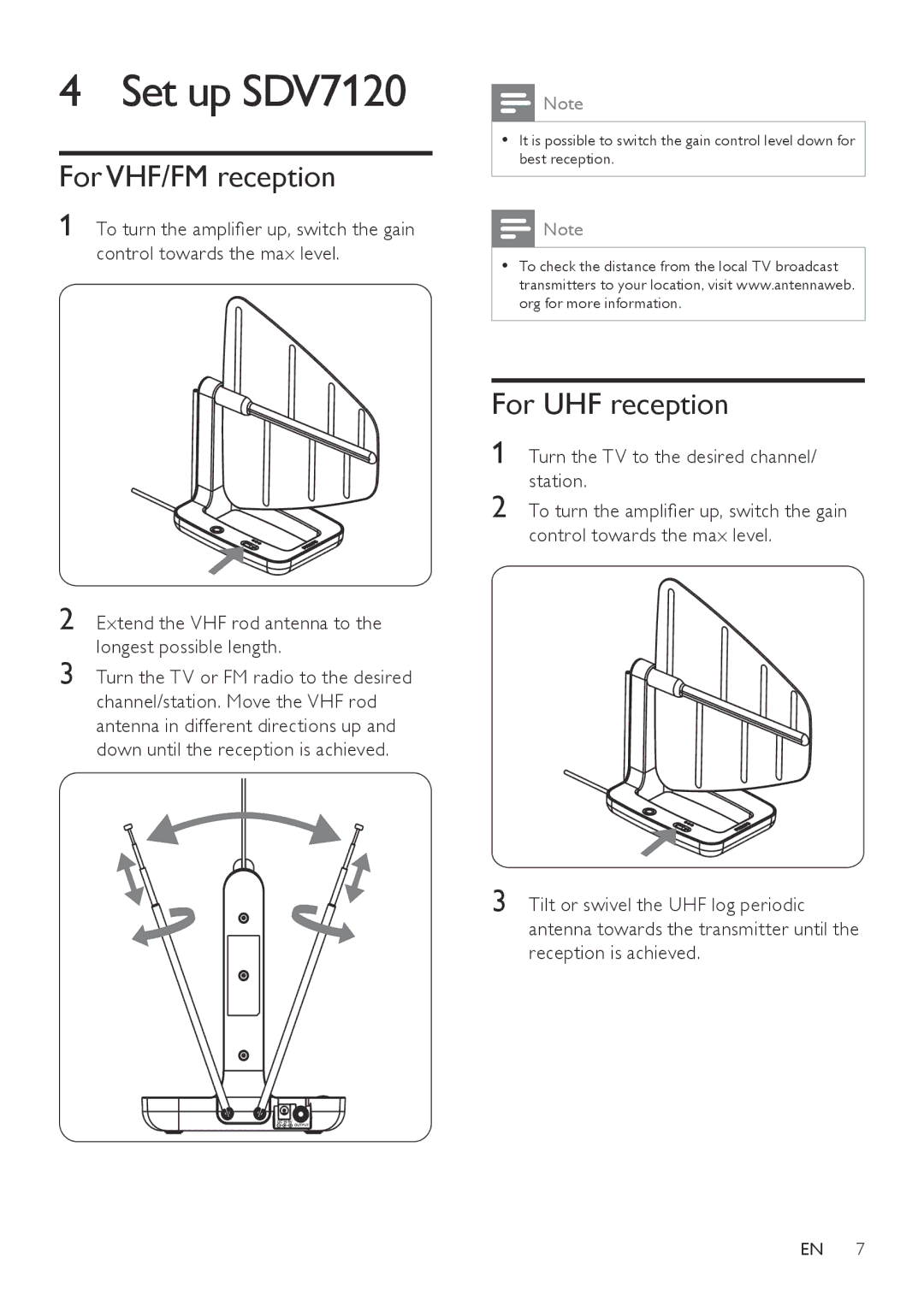 Philips SDV7120/27 user manual Set up SDV7120, For VHF/FM reception, For UHF reception 