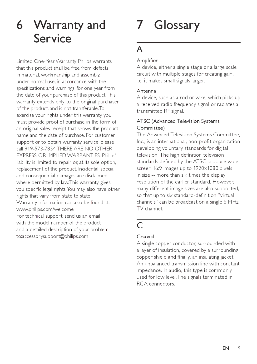 Philips SDV7120/27 user manual Warranty and Service, Glossary, Amplifier, Coaxial 