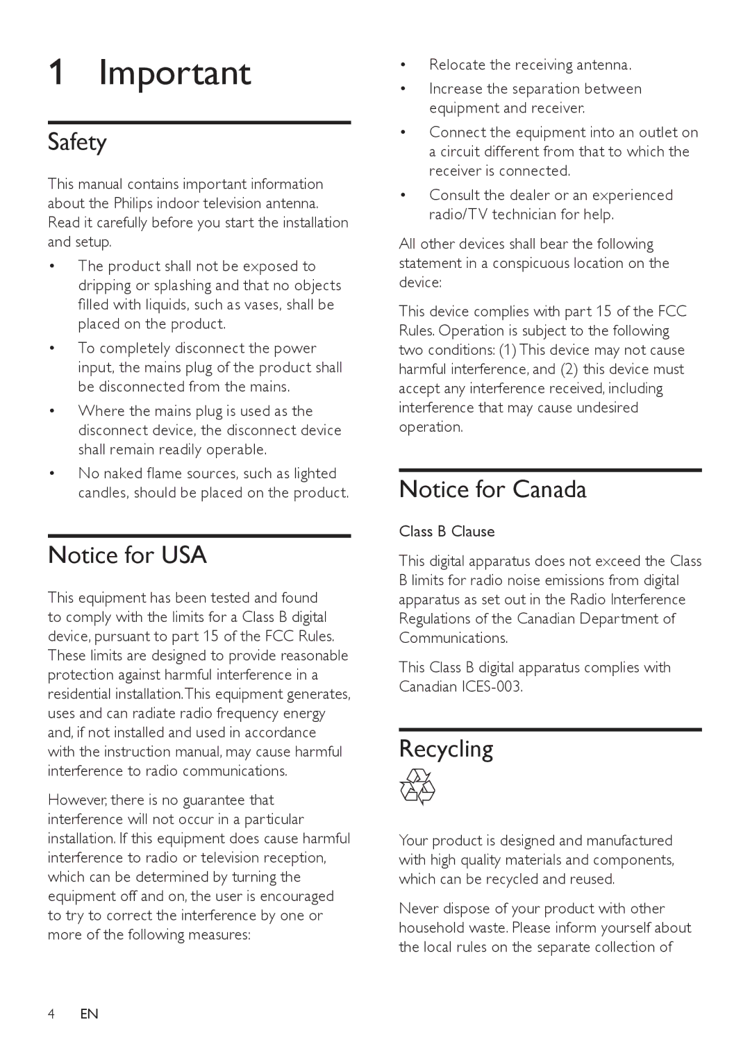 Philips SDV7225T/27 user manual Safety, Recycling, Relocate the receiving antenna, Class B Clause 