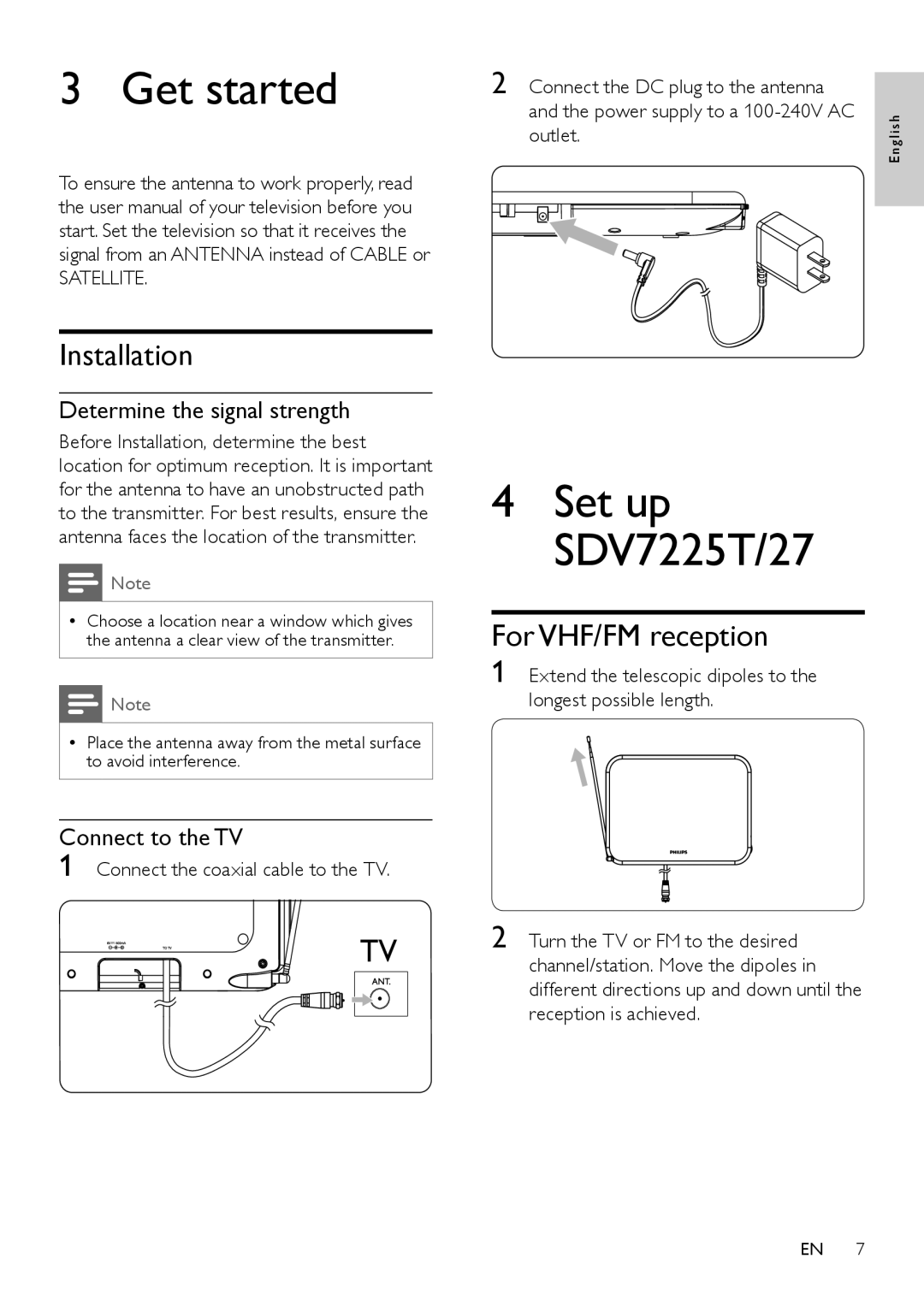 Philips SDV7225T/27 user manual Get started, Installation, For VHF/FM reception, Outlet 