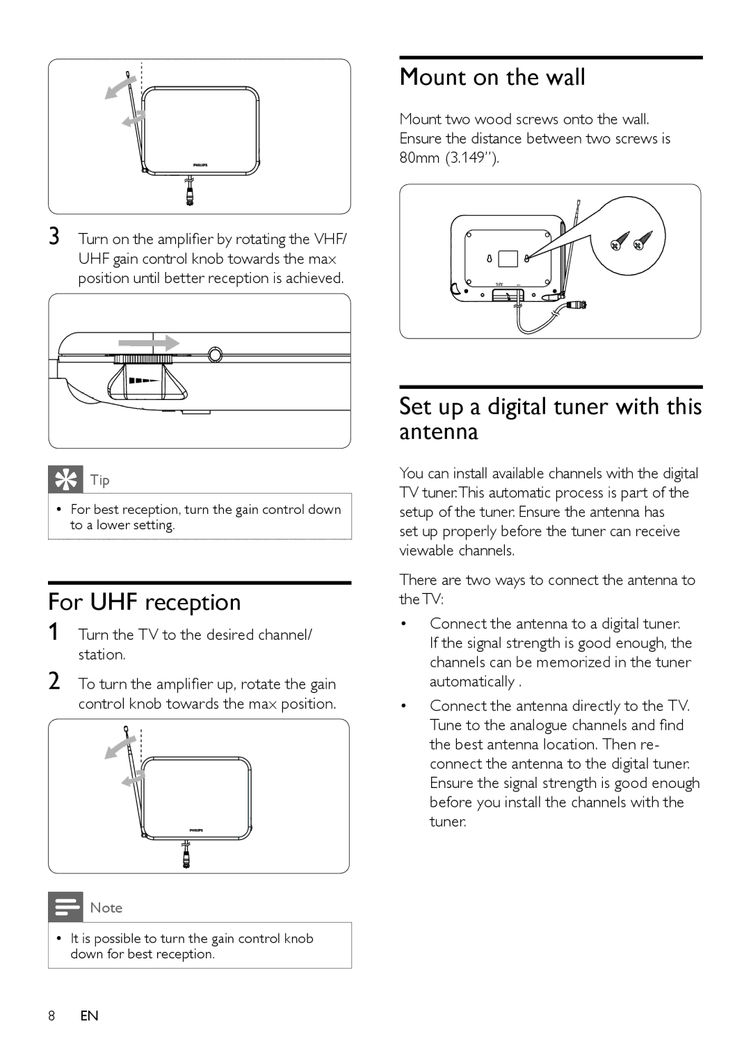 Philips SDV7225T/27 user manual Mount on the wall, For UHF reception, Set up a digital tuner with this antenna 