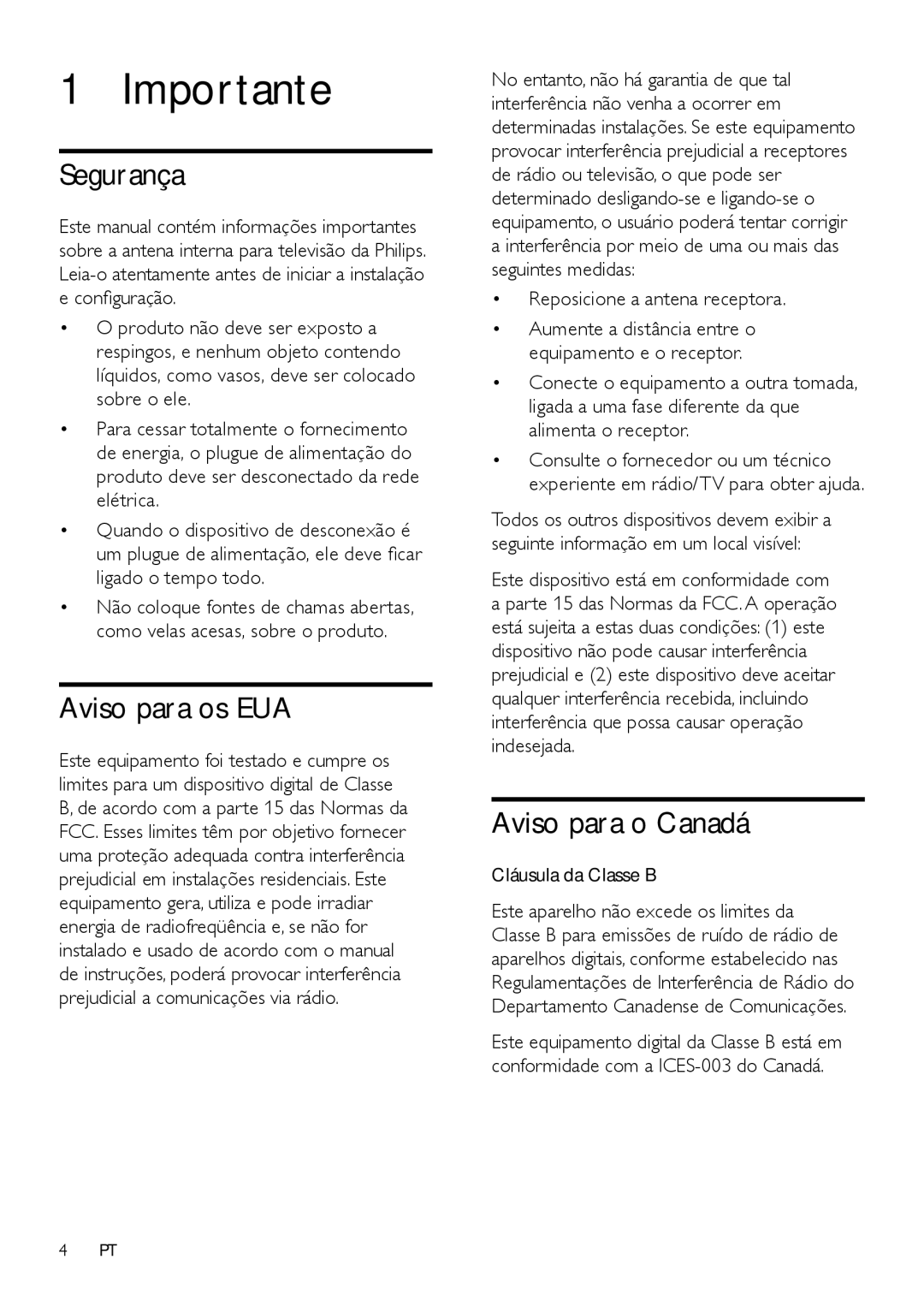 Philips SDV7225T/55 user manual Importante, Segurança, Aviso para os EUA, Aviso para o Canadá 