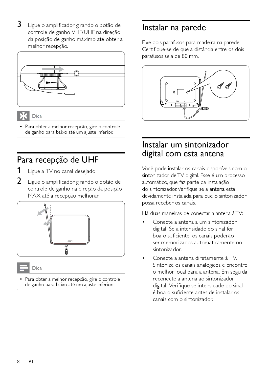 Philips SDV7225T/55 user manual Para recepção de UHF, Instalar na parede, Ligue a TV no canal desejado 