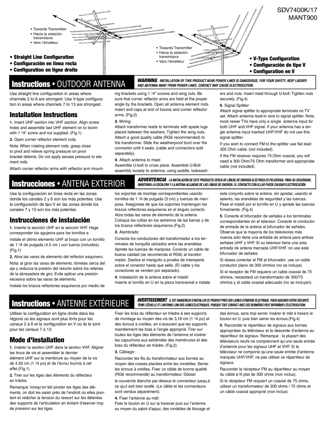 Philips SDV7400K/17 installation instructions Instructions Outdoor Antenna, Installation Instructions, Mode d’installation 