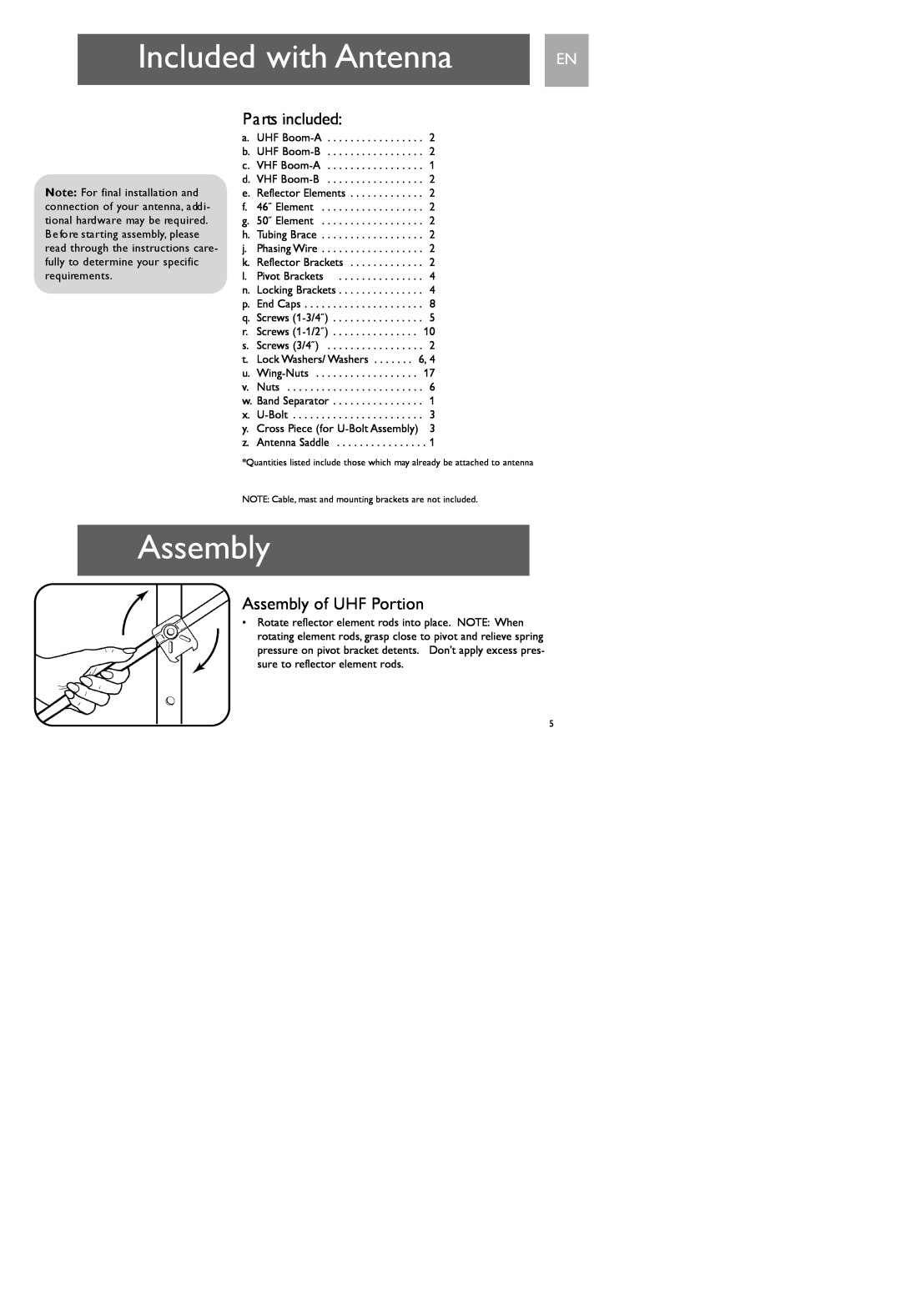 Philips SDV7700K/17 user manual Included with Antenna, Parts included, Assembly of UHF Portion 