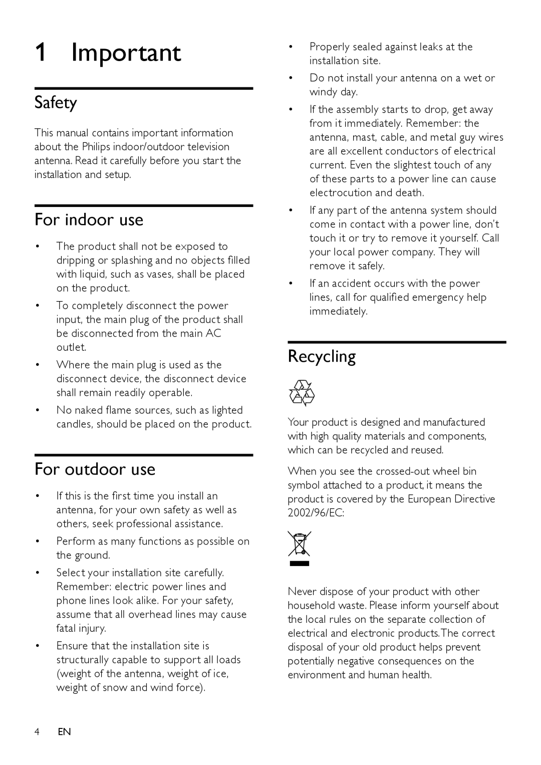 Philips SDV8622/12 user manual Safety, For indoor use, For outdoor use, Recycling 