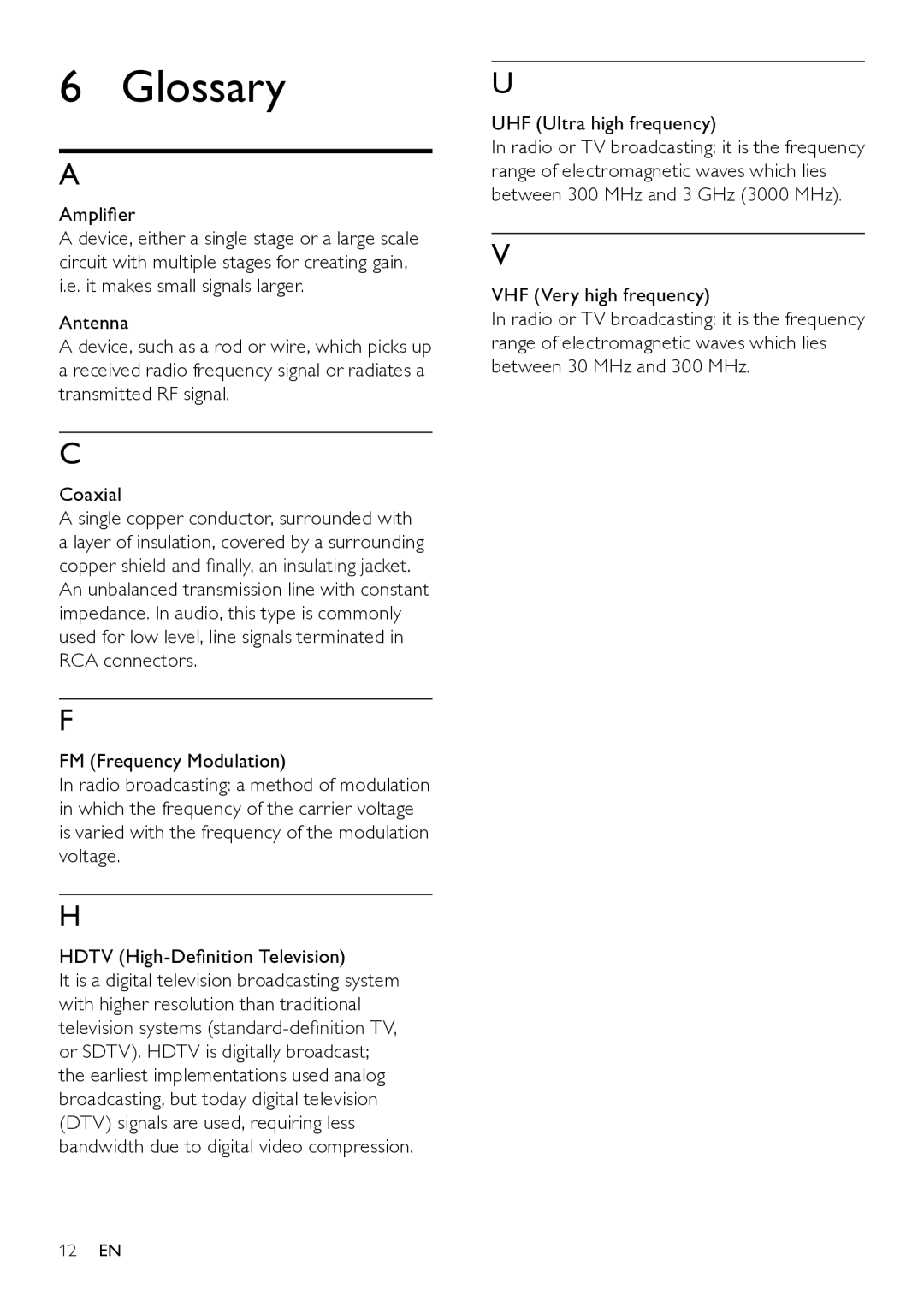 Philips SDV8622T/55 user manual Glossary, Amplifier, UHF Ultra high frequency, VHF Very high frequency 