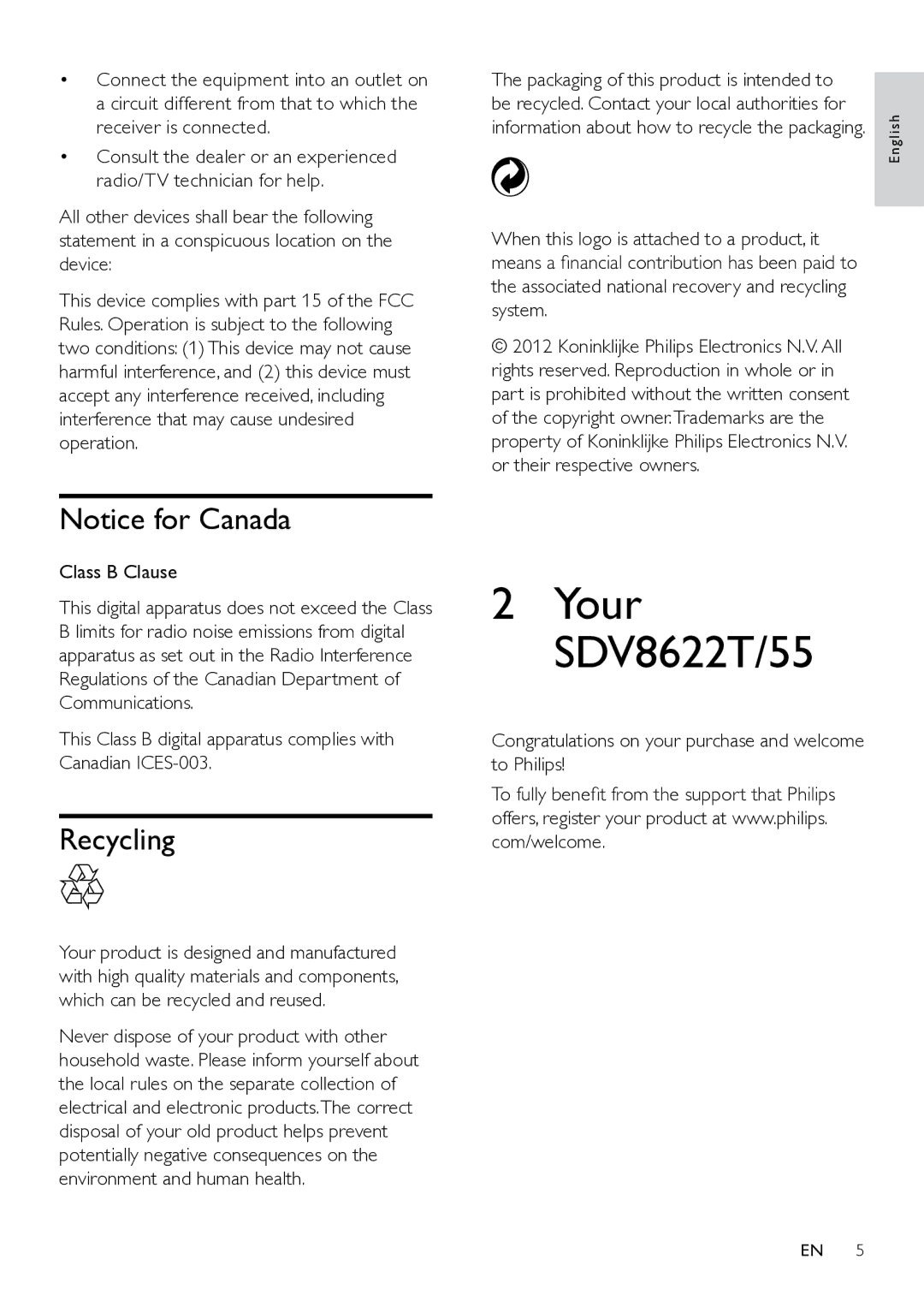 Philips SDV8622T/55 user manual Recycling 