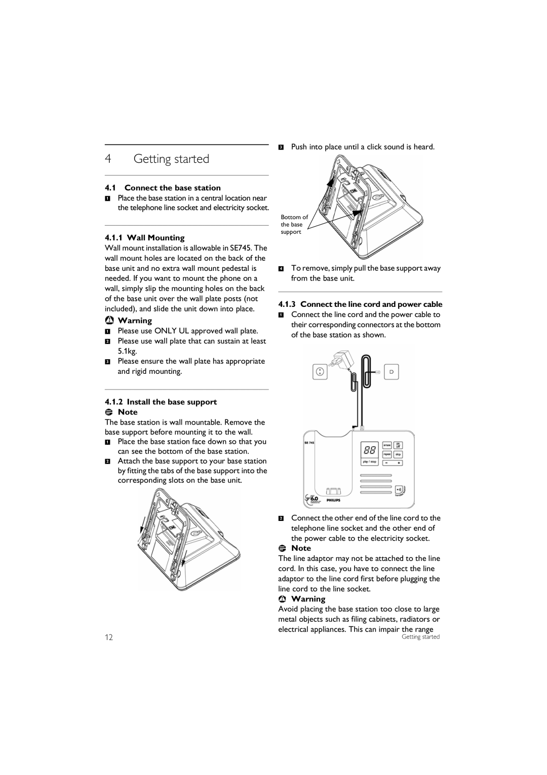 Philips SE 745 manual Getting started, Connect the base station, Wall Mounting, Install the base support 