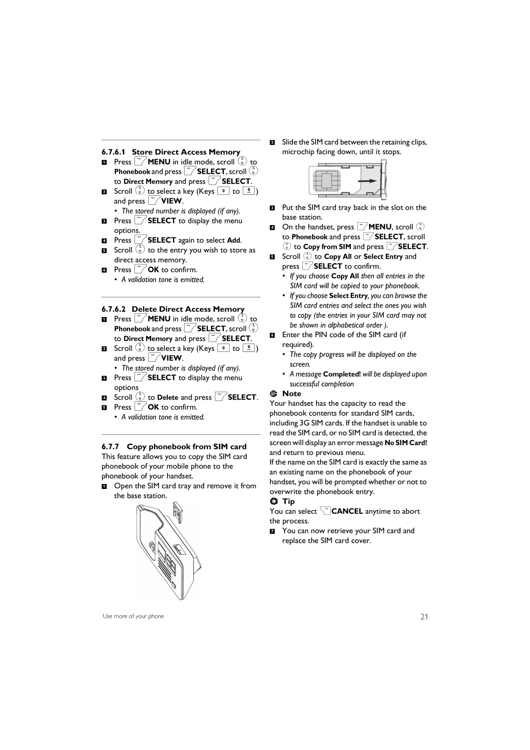 Philips SE 745 manual Store Direct Access Memory, Stored number is displayed if any, Delete Direct Access Memory 