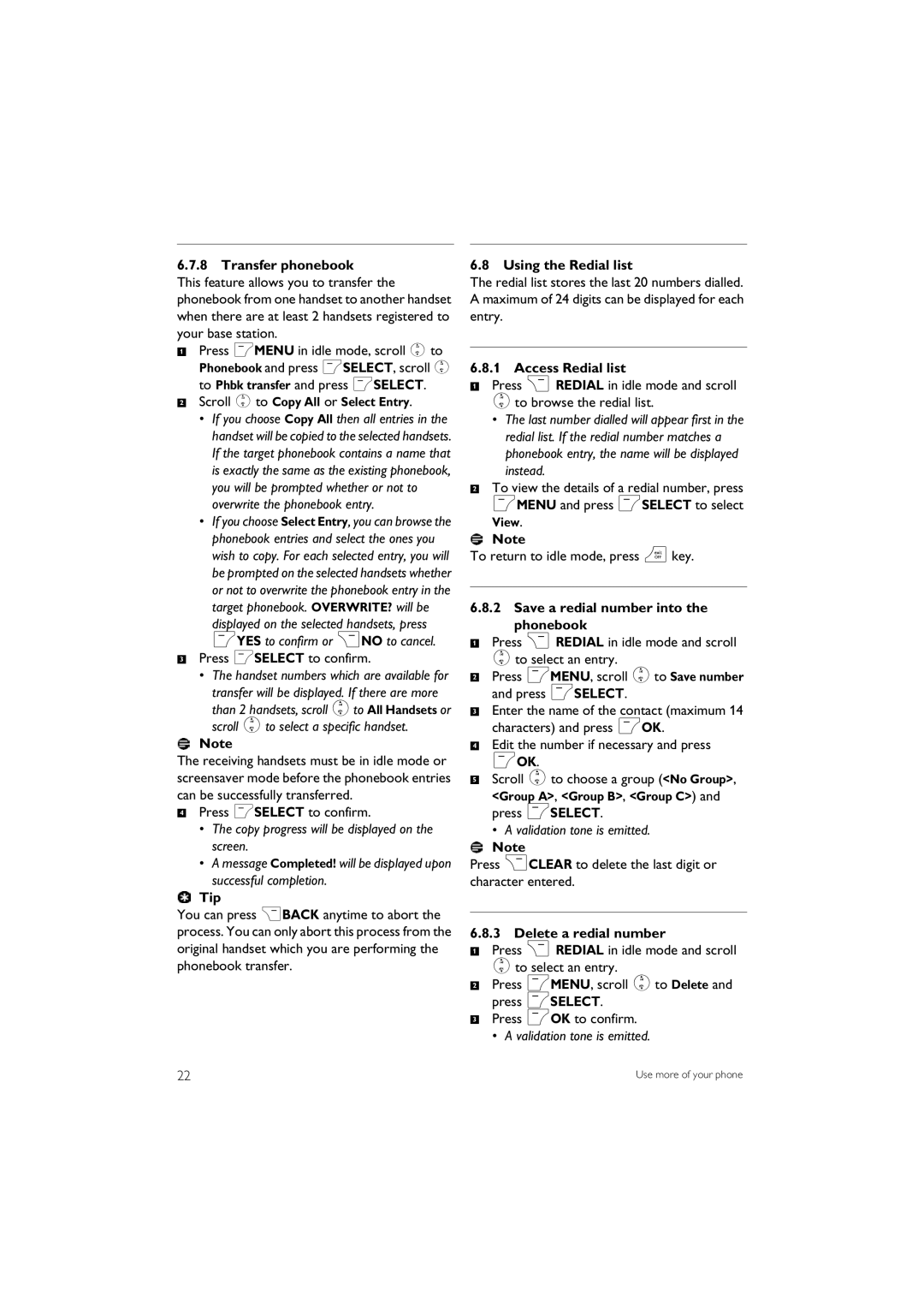 Philips SE 745 Transfer phonebook, Using the Redial list, Access Redial list, Save a redial number into the phonebook 