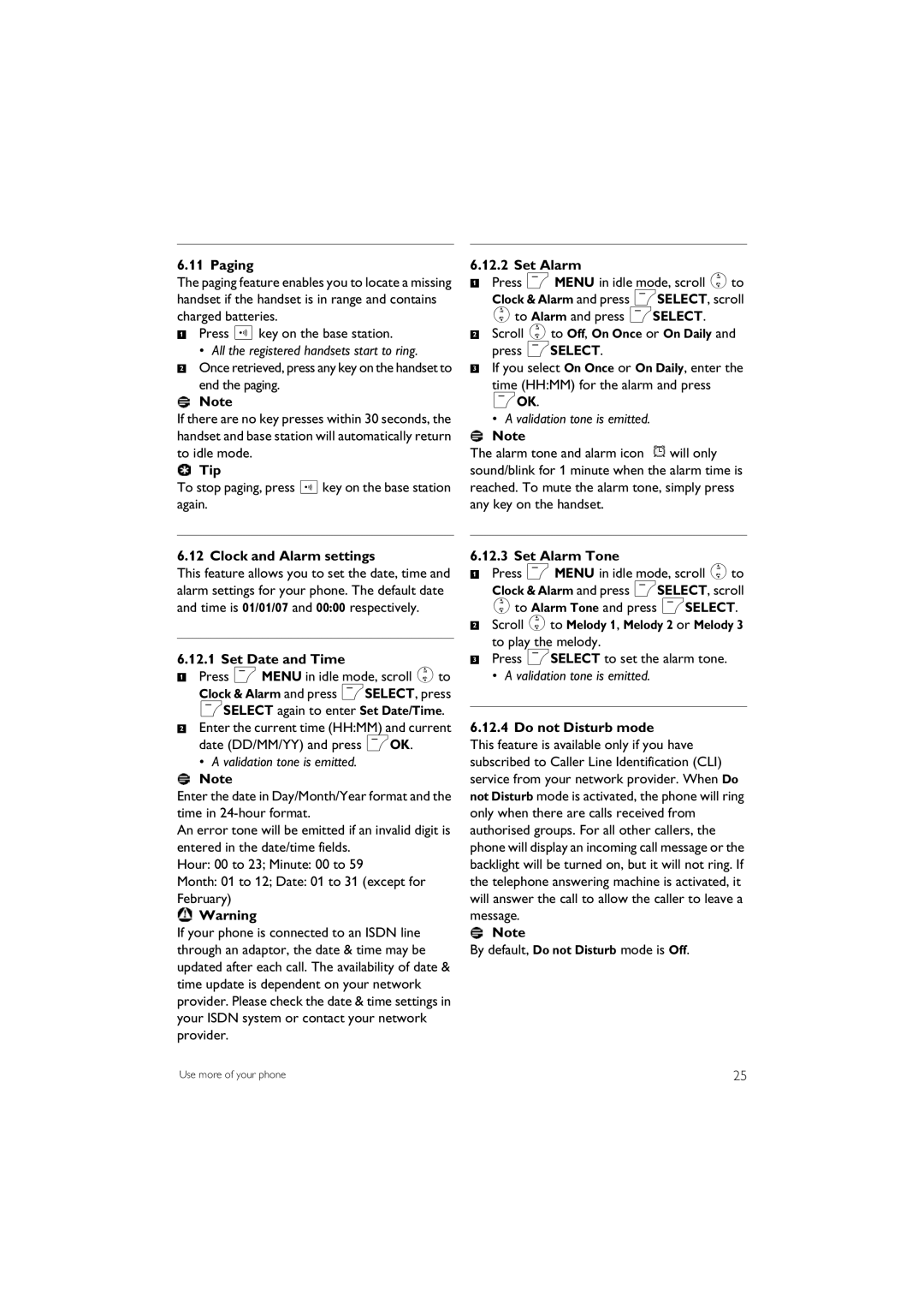 Philips SE 745 manual Paging, Clock and Alarm settings, Set Date and Time, Set Alarm Tone, Do not Disturb mode 