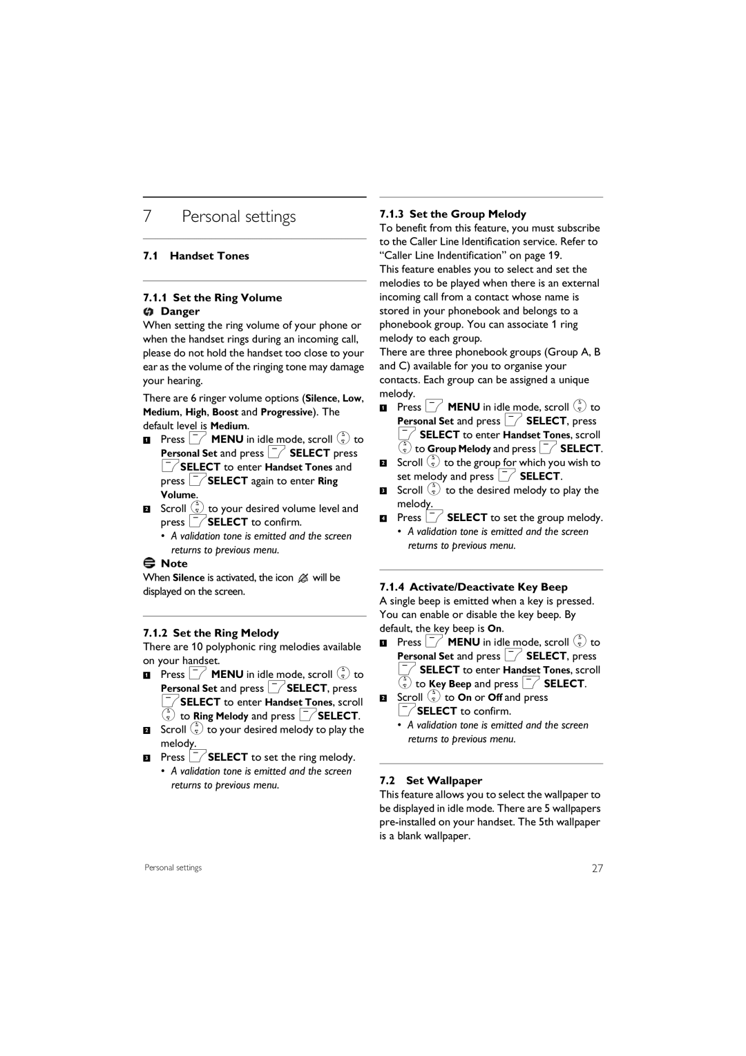 Philips SE 745 manual Personal settings 