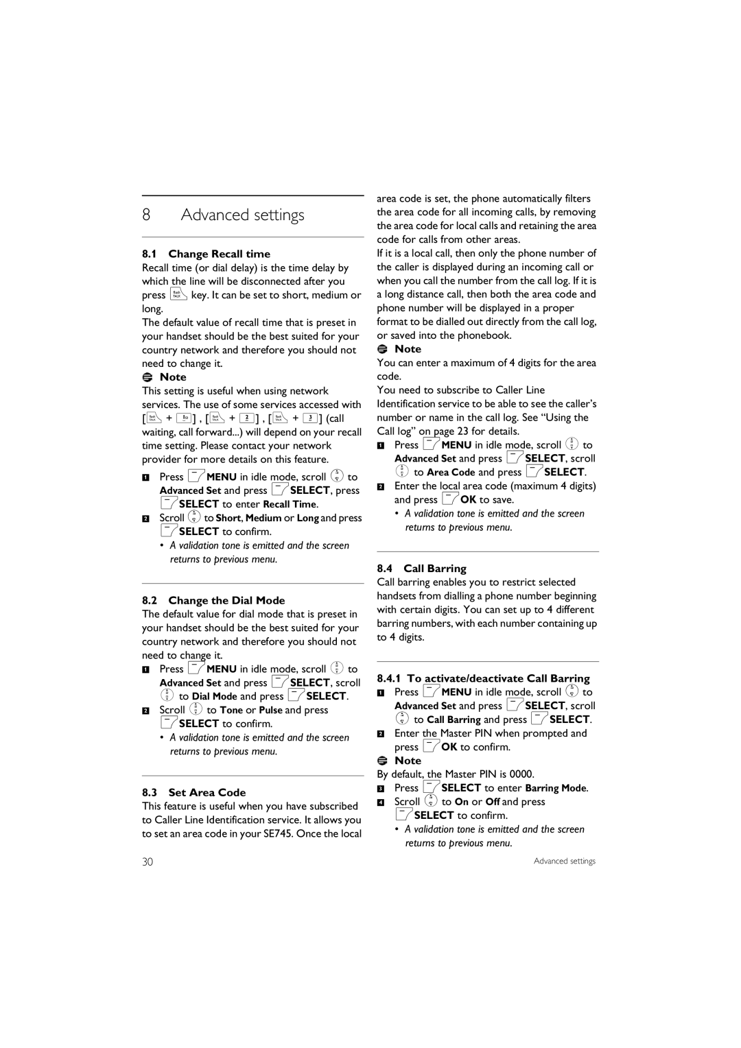 Philips SE 745 manual Advanced settings 