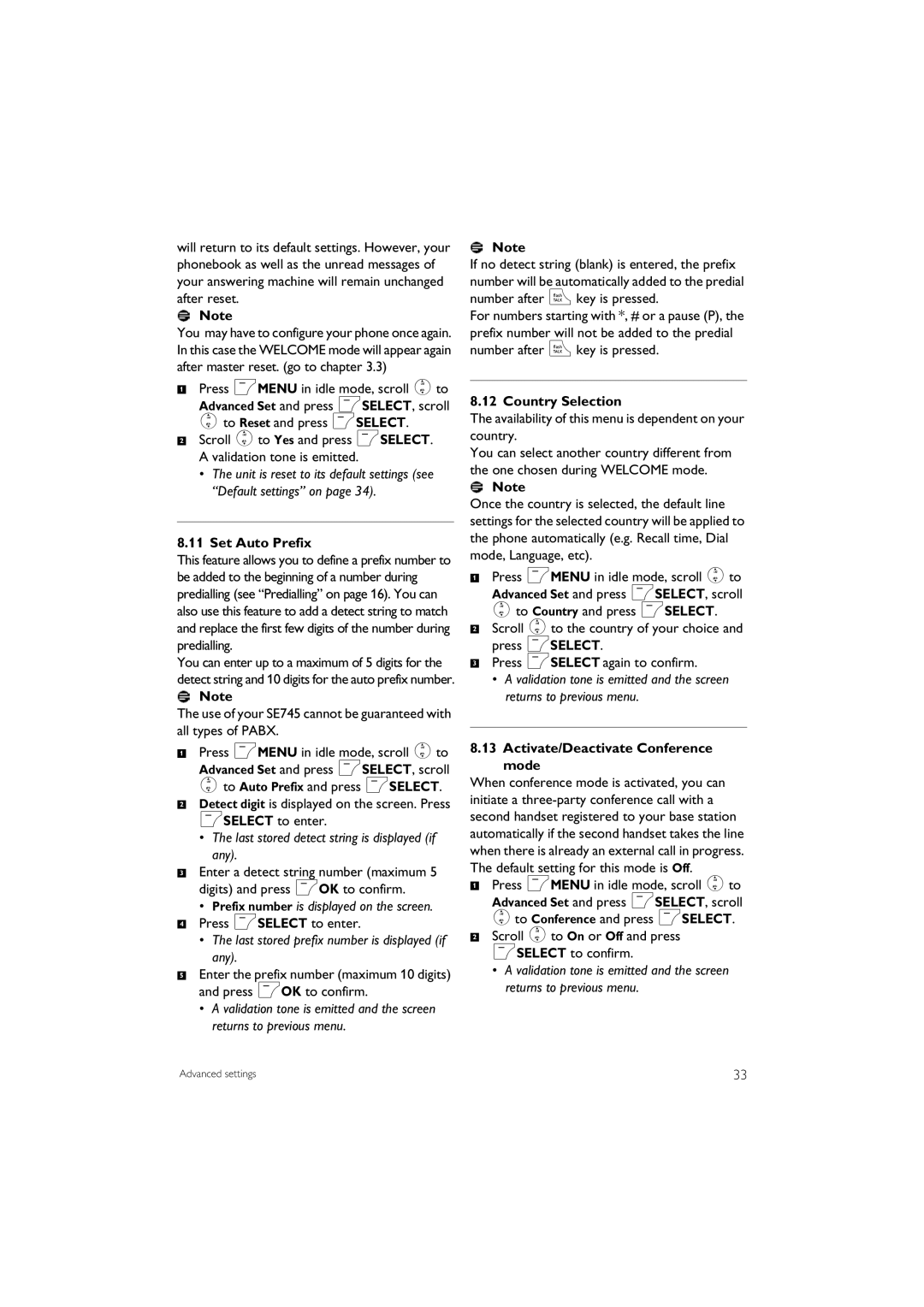 Philips SE 745 manual Set Auto Prefix, Last stored detect string is displayed if any, Country Selection 