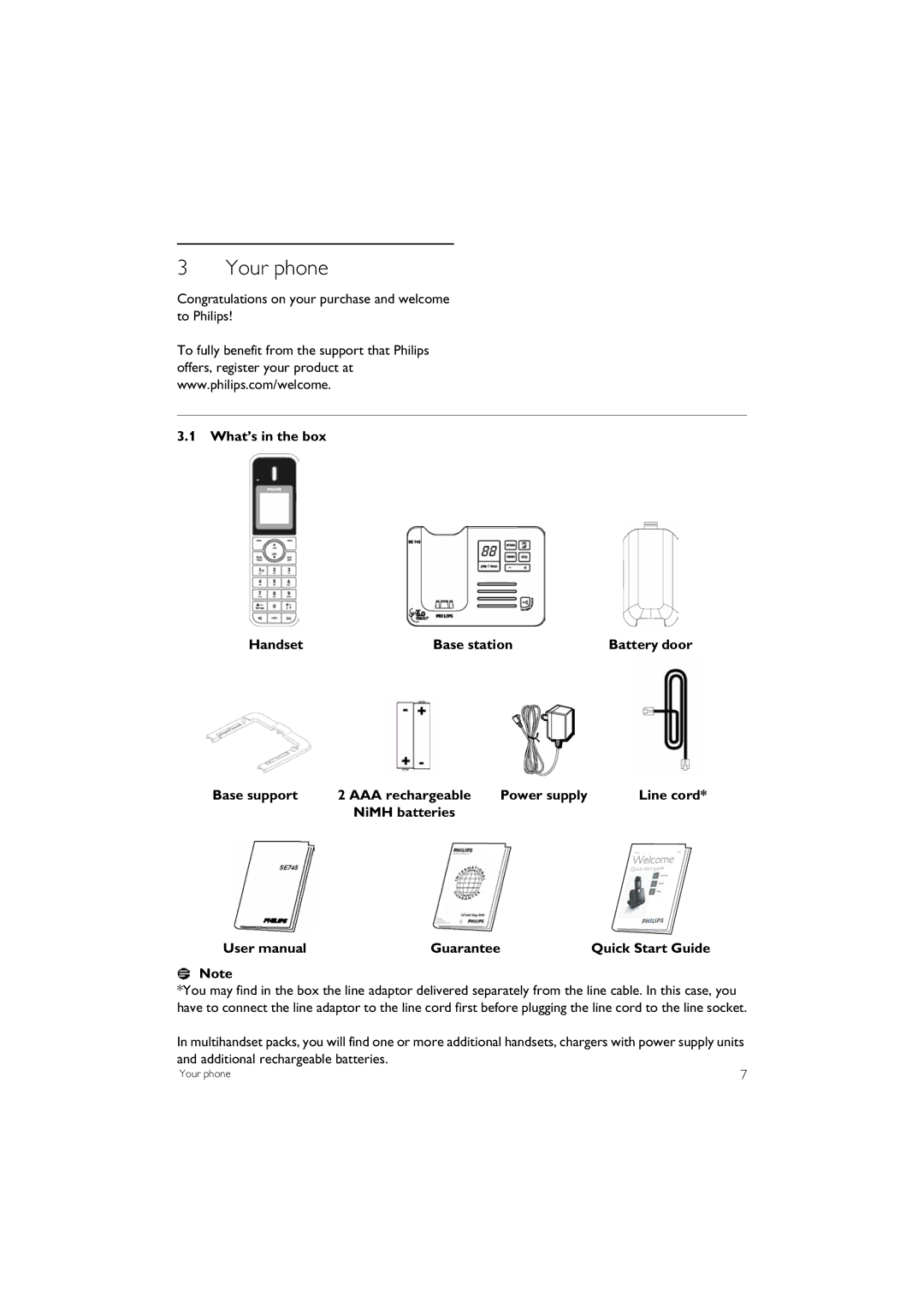 Philips SE 745 manual Your phone, Congratulations on your purchase and welcome to Philips 