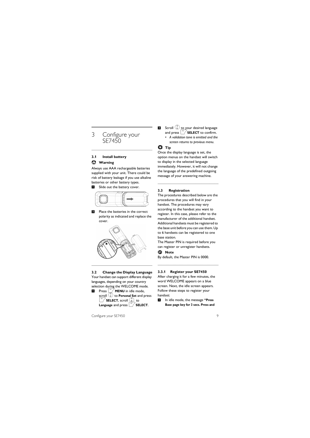 Philips SE 7450 manual Configure your SE7450, Install battery Warning, Tip, Registration, Base page key for 3 secs. Press 