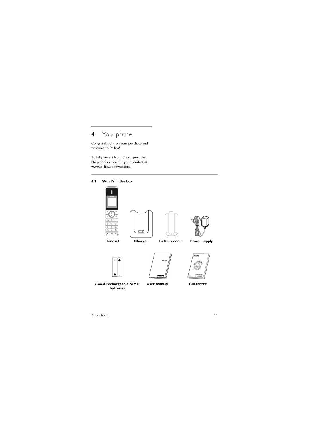 Philips SE 7450 manual Your phone, What’s in the box Handset Charger Battery door, Guarantee, Batteries 