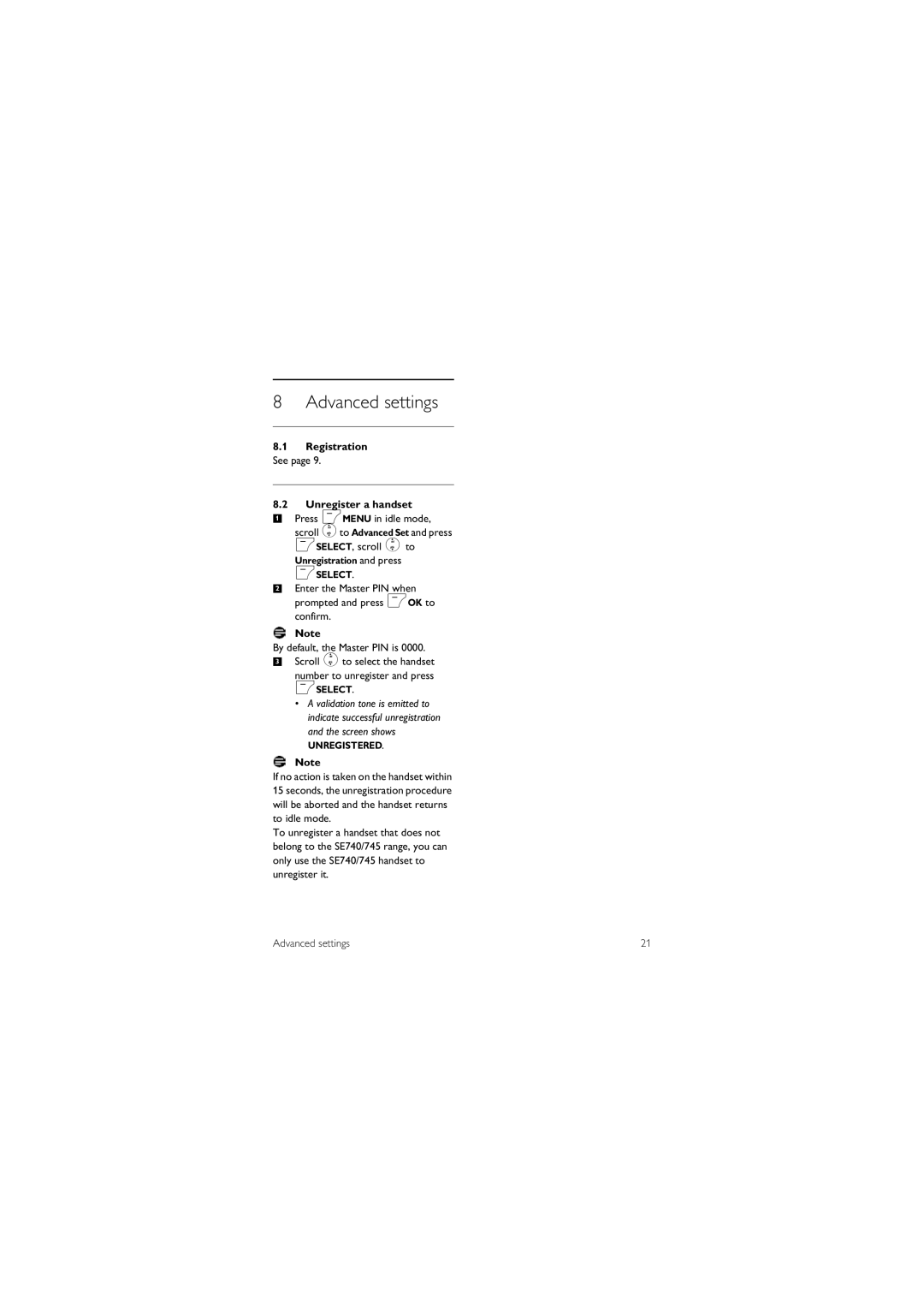 Philips SE 7450 manual Advanced settings, Registration See Unregister a handset, Unregistration and press mSELECT 