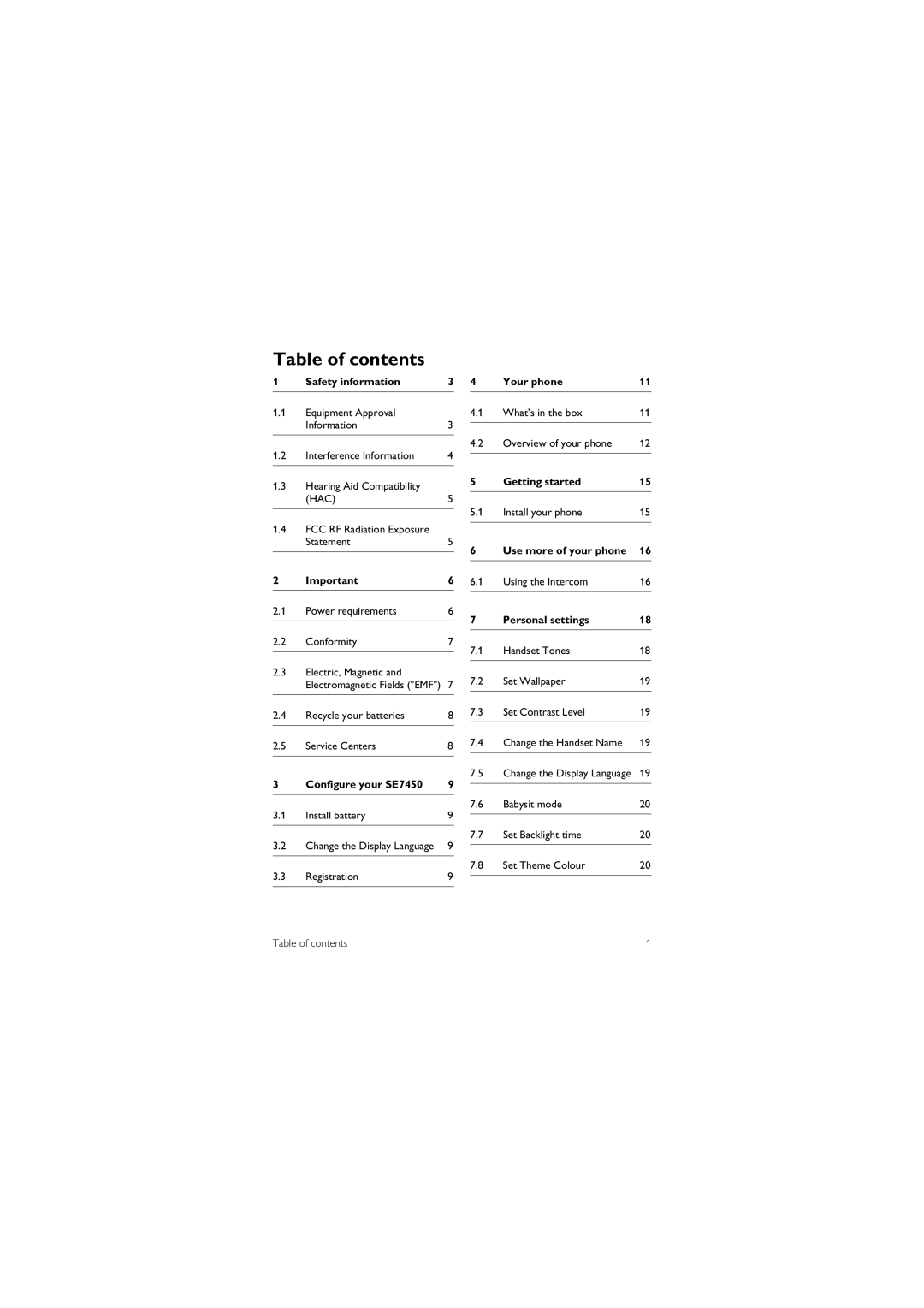 Philips SE 7450 manual Table of contents 