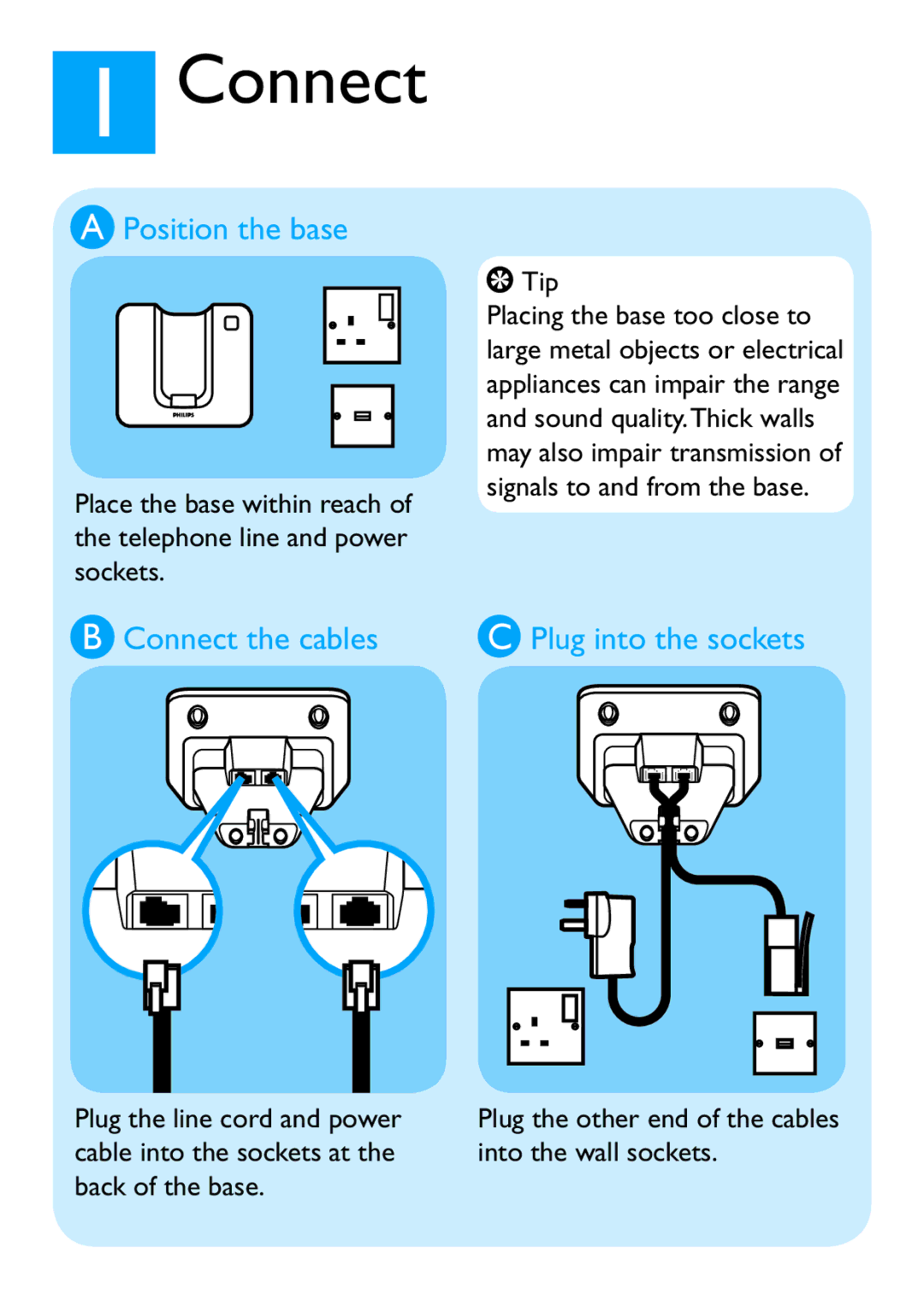 Philips SE140 quick start Position the base, Connect the cables 