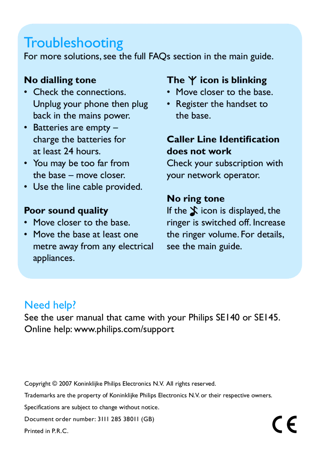 Philips SE140 quick start Troubleshooting, Need help? 