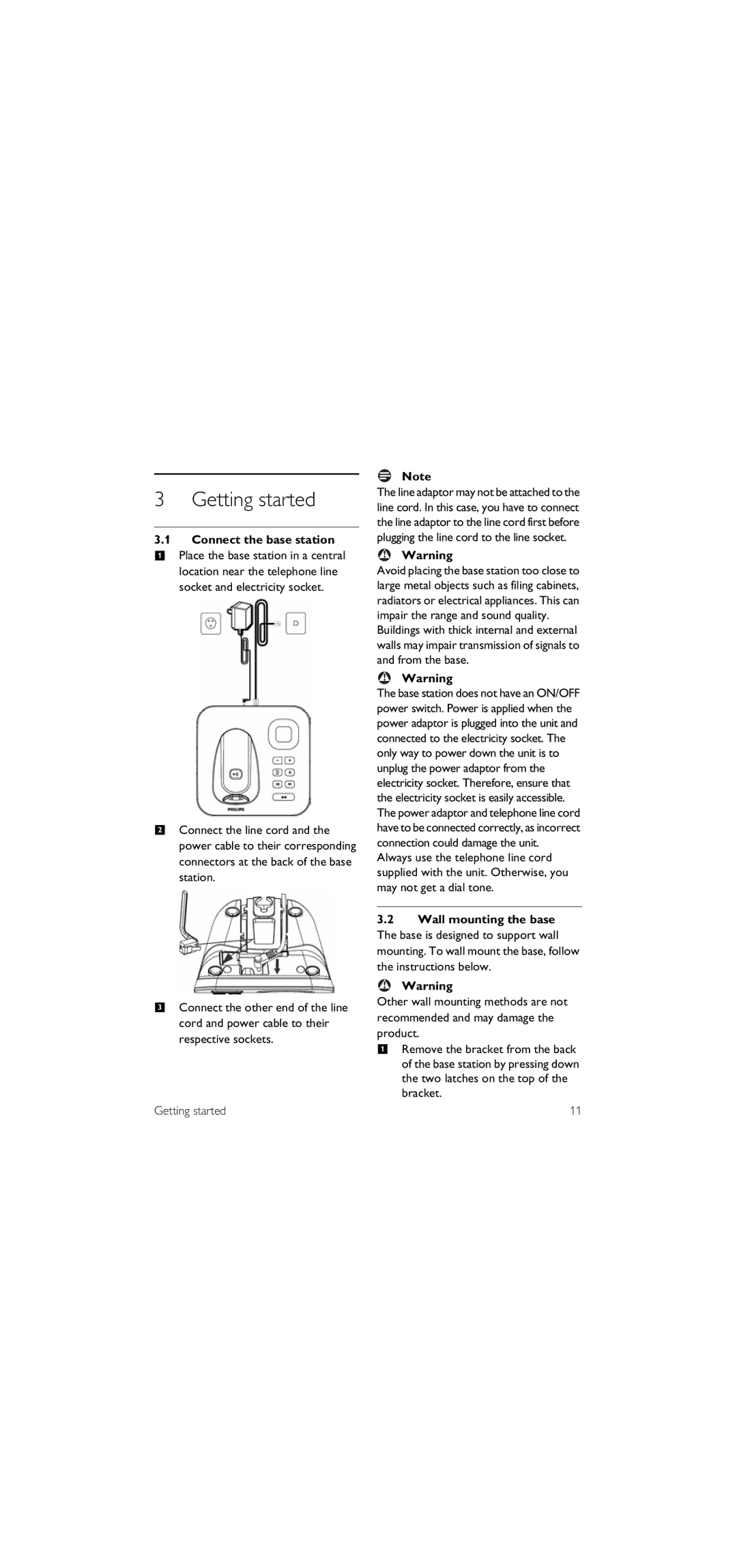 Philips SE155 manual Getting started, Connect the base station 