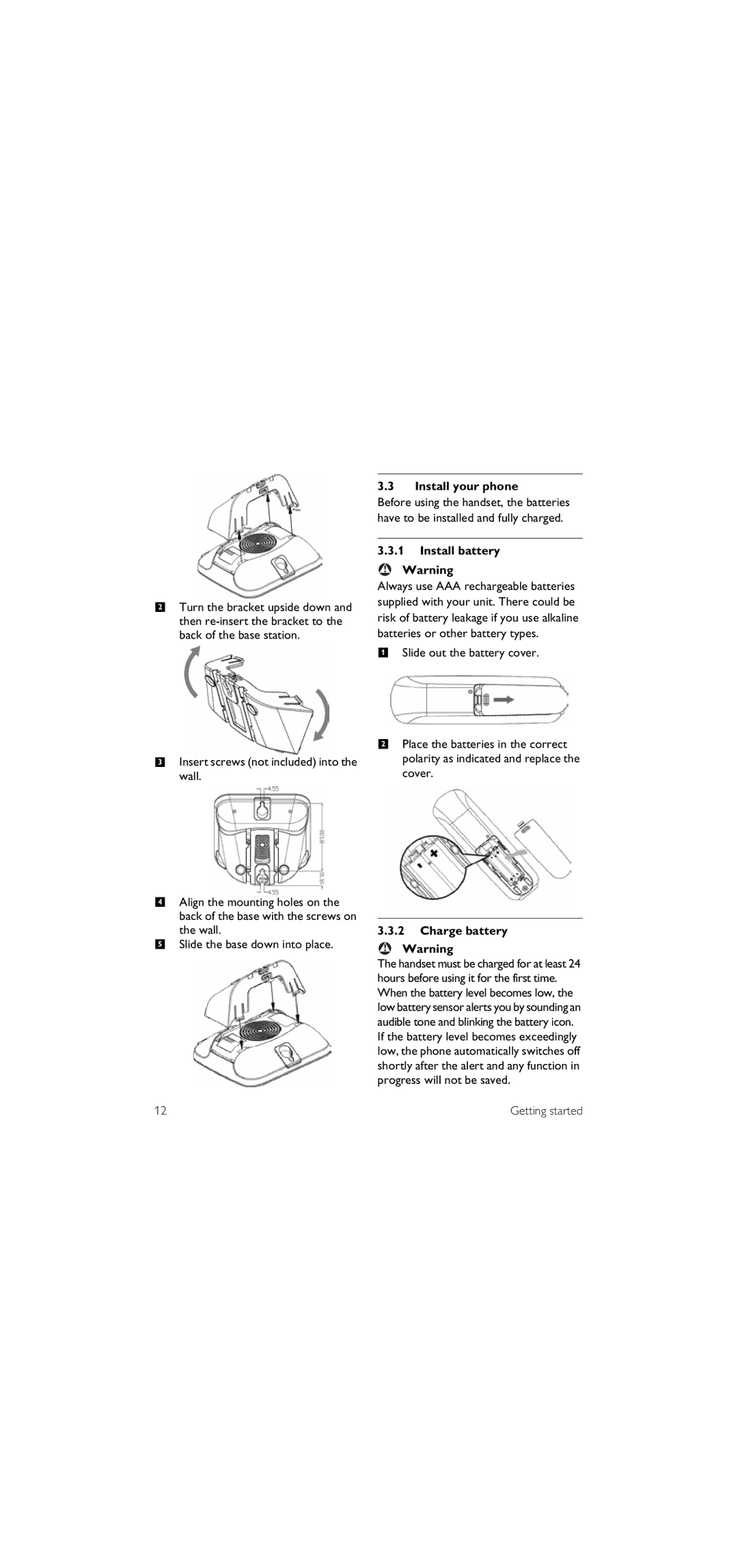 Philips SE155 manual Install your phone, Install battery, Charge battery 