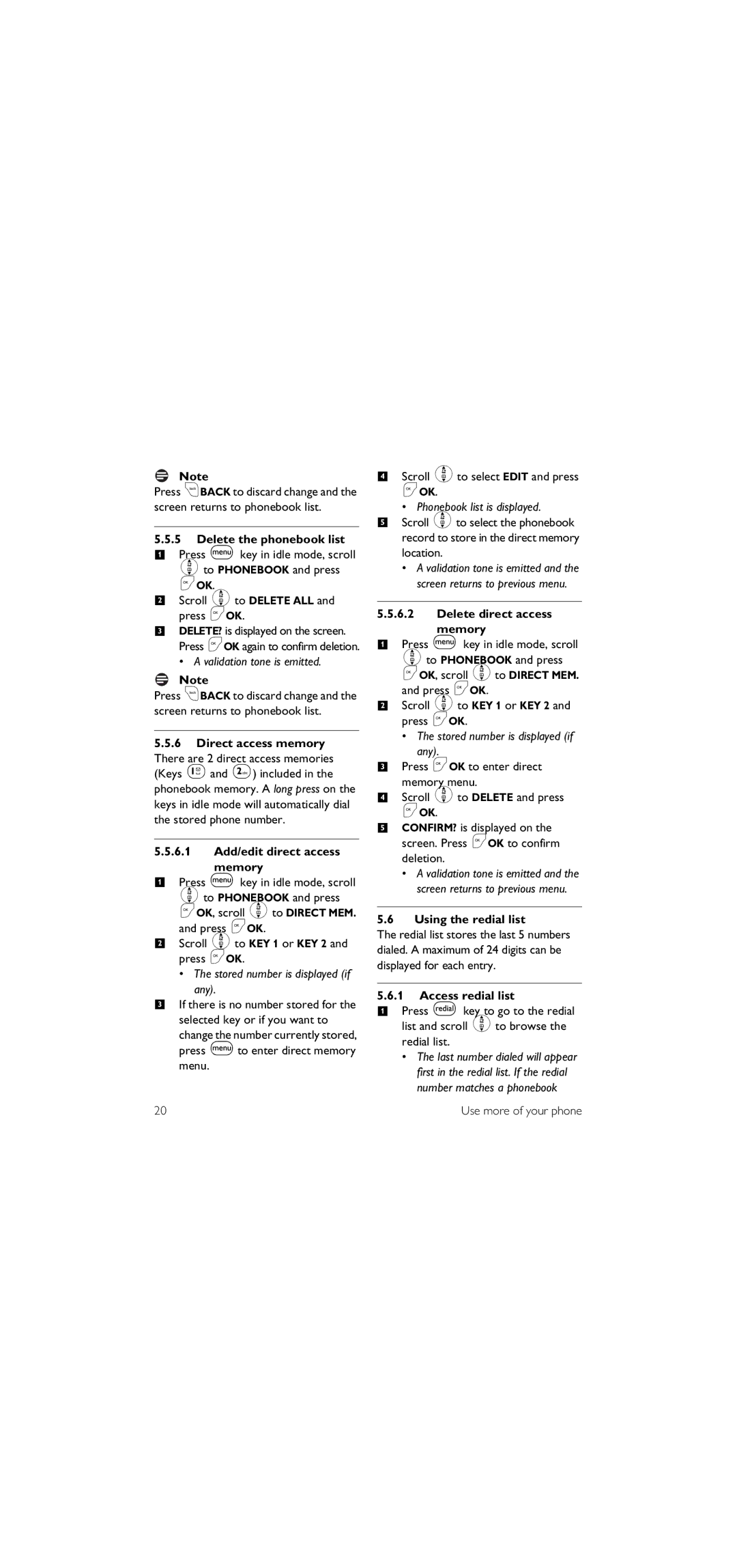 Philips SE155 Delete the phonebook list, Direct access memory, 6.1 Add/edit direct access memory, Using the redial list 