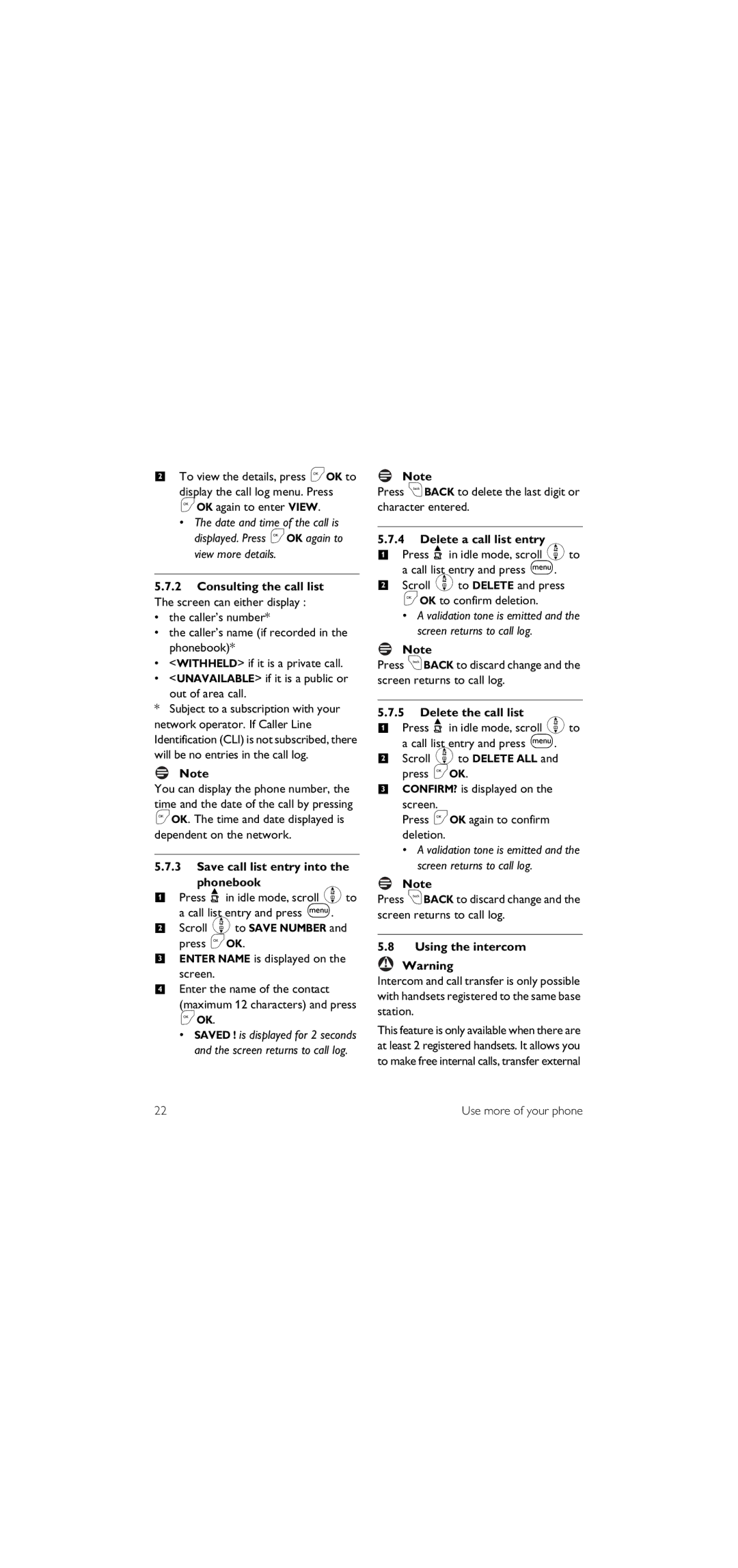 Philips SE155 manual Consulting the call list, Save call list entry into the phonebook, Delete a call list entry 