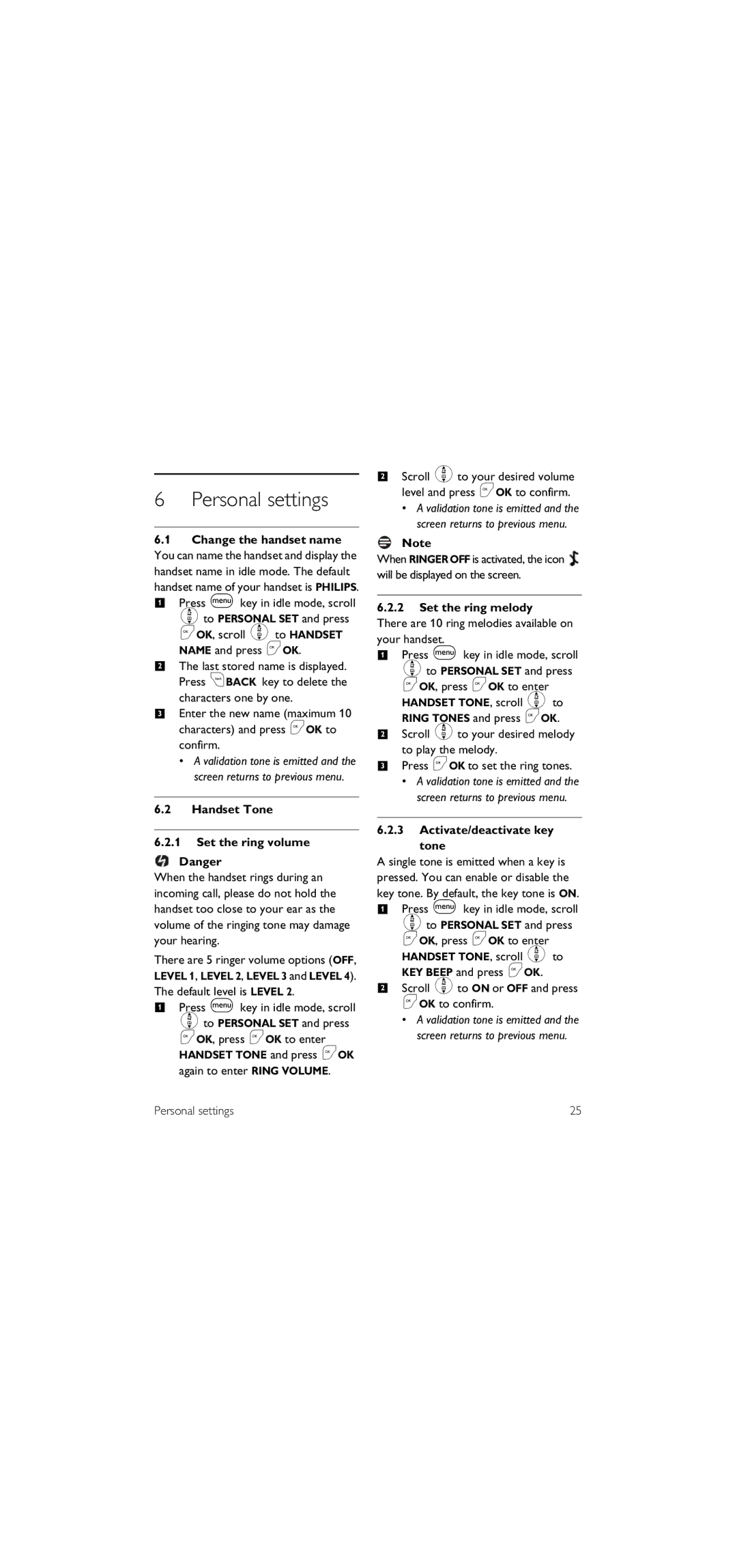 Philips SE155 manual Personal settings, Handset Tone Set the ring volume, Set the ring melody, Activate/deactivate key tone 