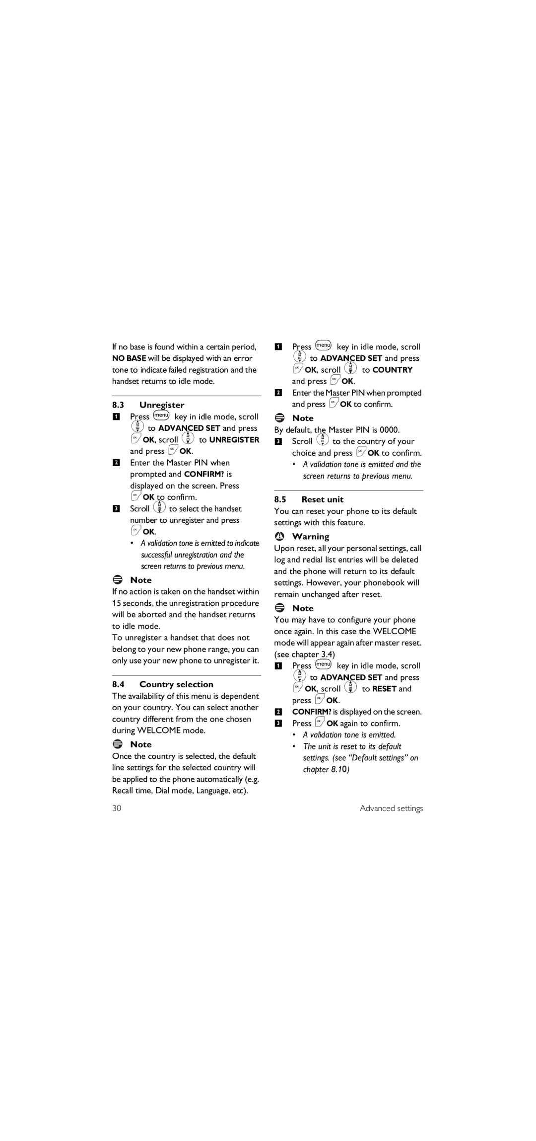 Philips SE155 manual Unregister, Country selection, OK, scroll to Country and press OK, Reset unit 