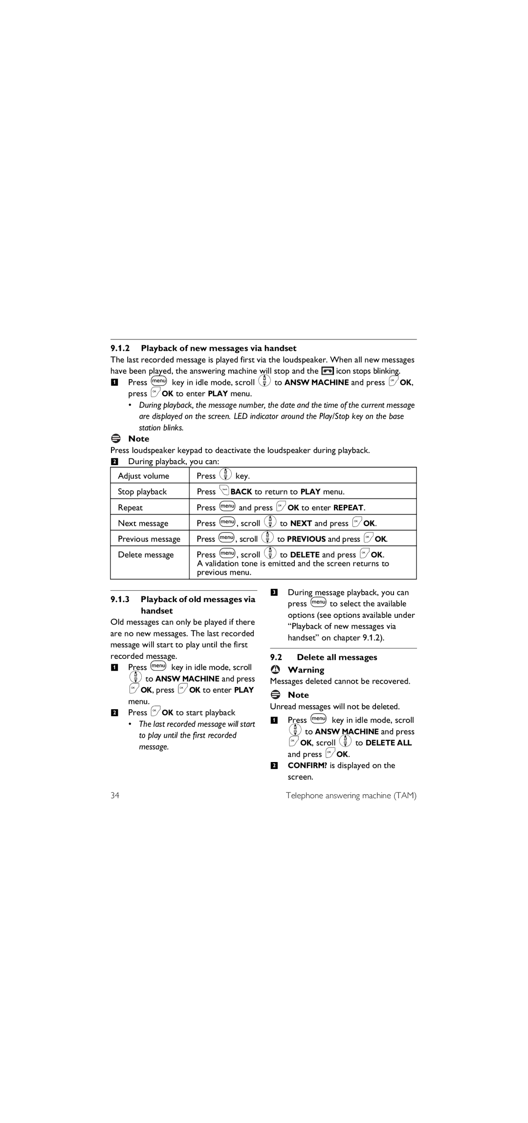 Philips SE155 manual Playback of new messages via handset, Press m, scroll to Previous and press OK, Delete all messages 