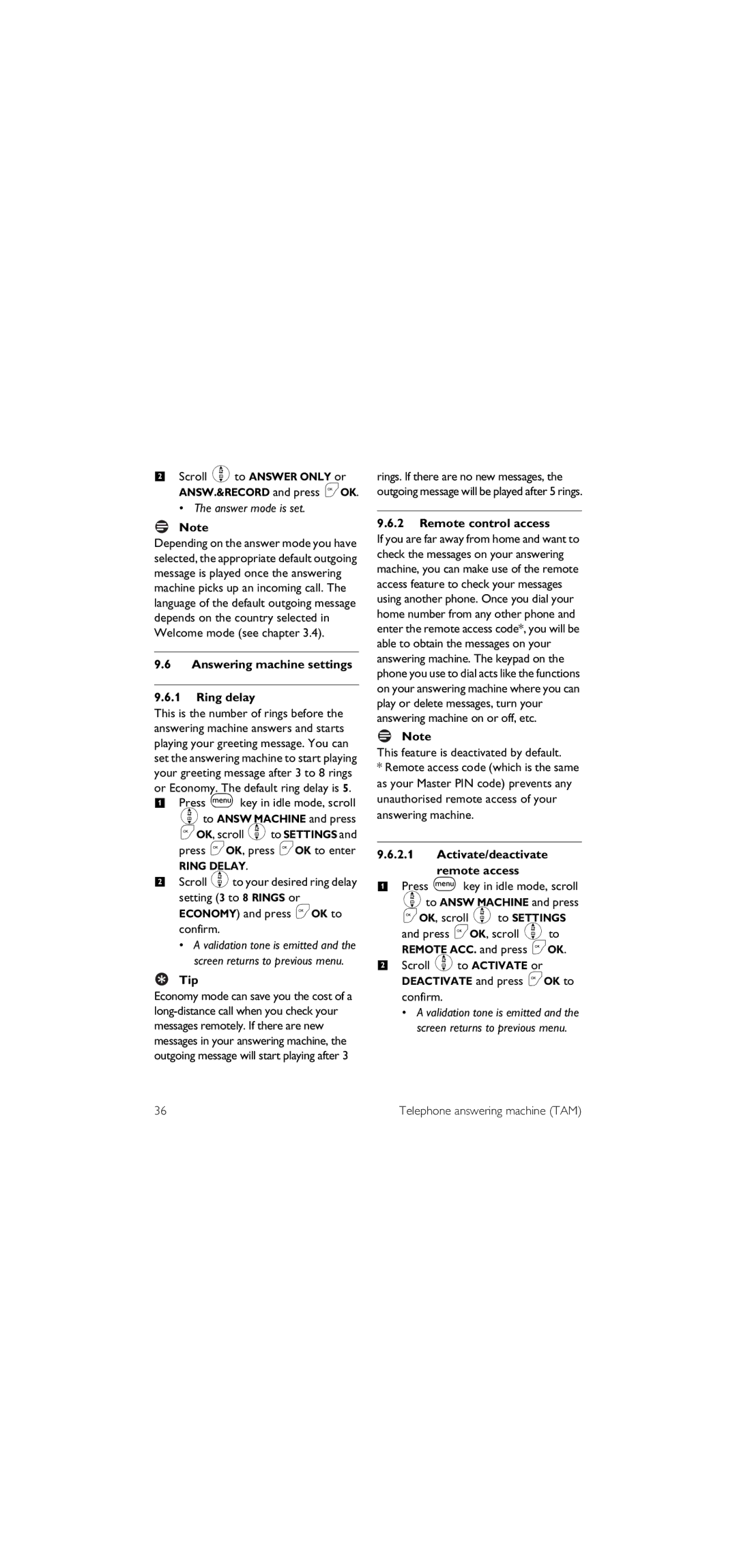 Philips SE155 manual Answer mode is set, Answering machine settings Ring delay, Remote control access 