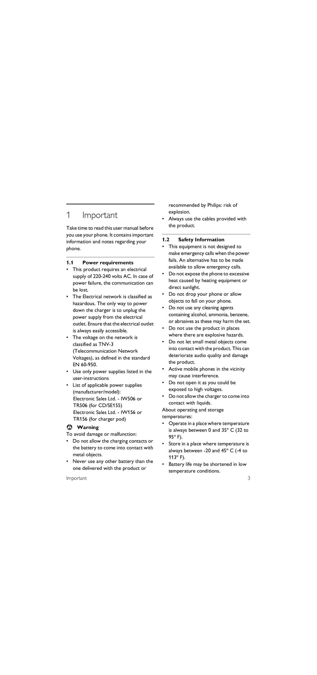 Philips SE155 manual Power requirements, Safety Information 