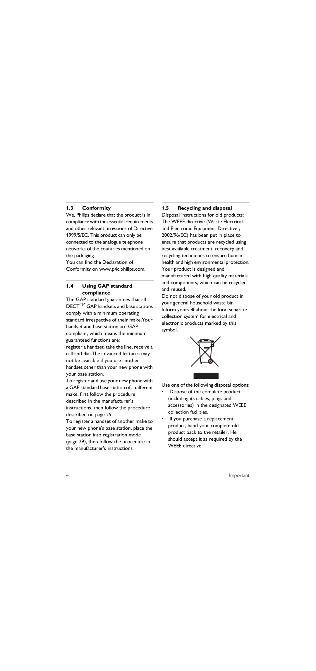 Philips SE155 manual Conformity, Using GAP standard Compliance 