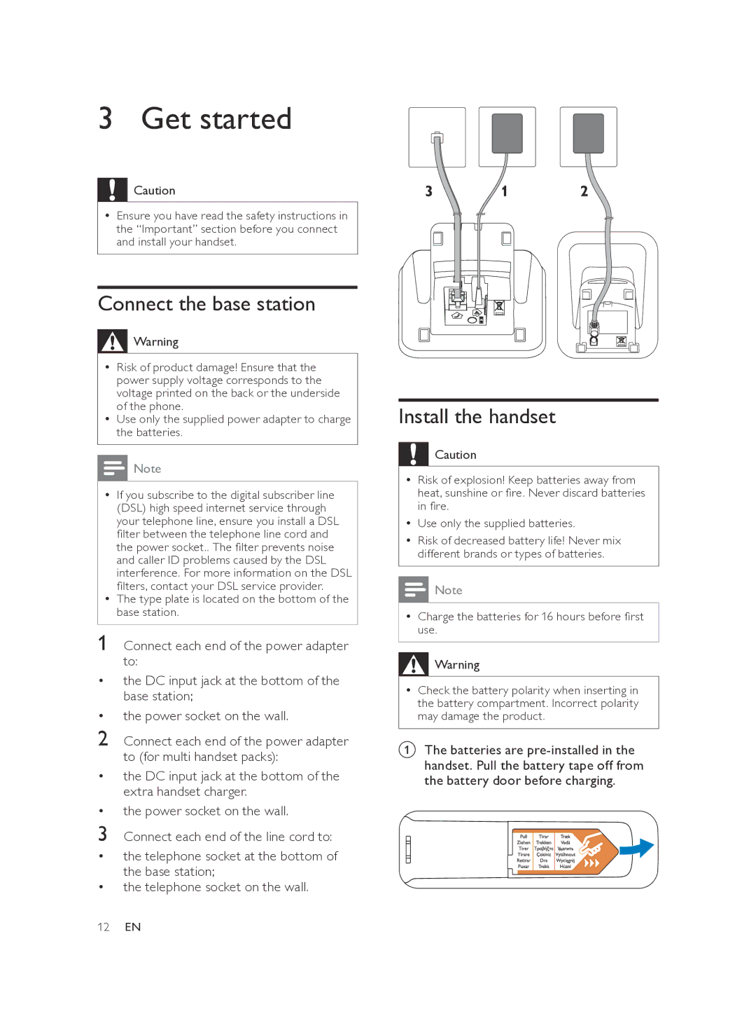 Philips SE170, SE175 user manual Get started, Connect the base station, Install the handset 