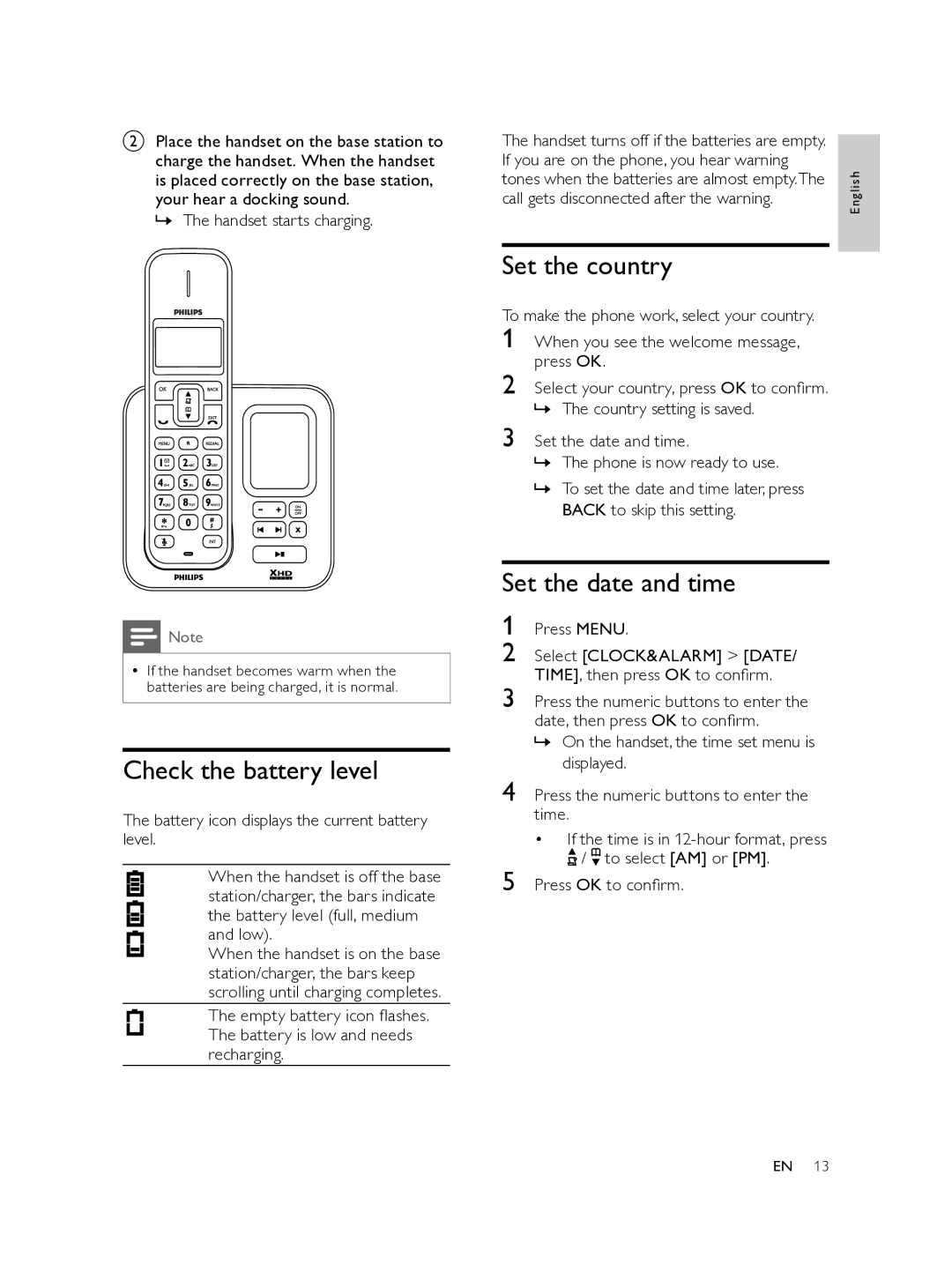 Philips SE175, SE170 user manual Check the battery level, »» The handset starts charging 