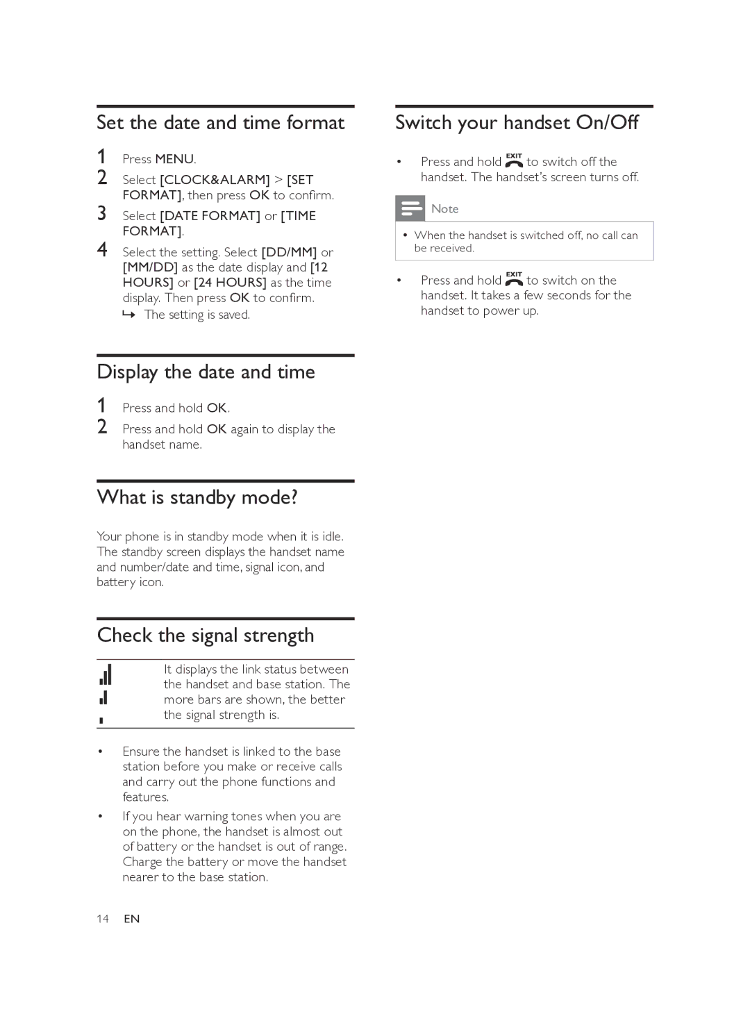 Philips SE170 Set the date and time format, Display the date and time, What is standby mode?, Check the signal strength 