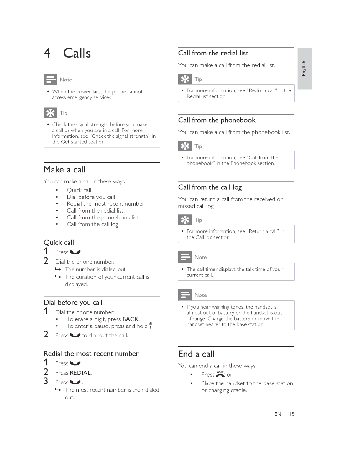 Philips SE175, SE170 user manual Calls, Make a call, End a call 